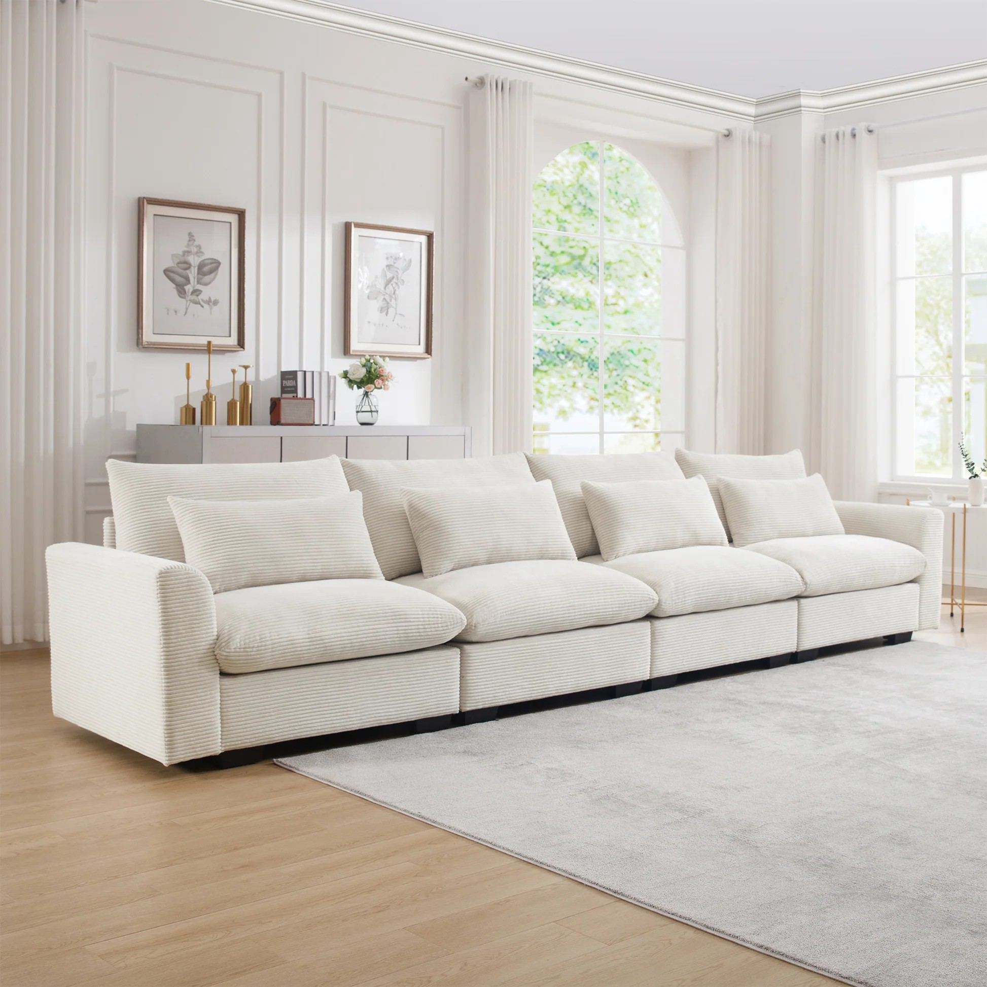 4 Seater Deep Seat Couches for Living Room, Comfy Beige Corduroy Sofas for Living Room Modern with 4 Waist Pillows W714S0064263887470701825120