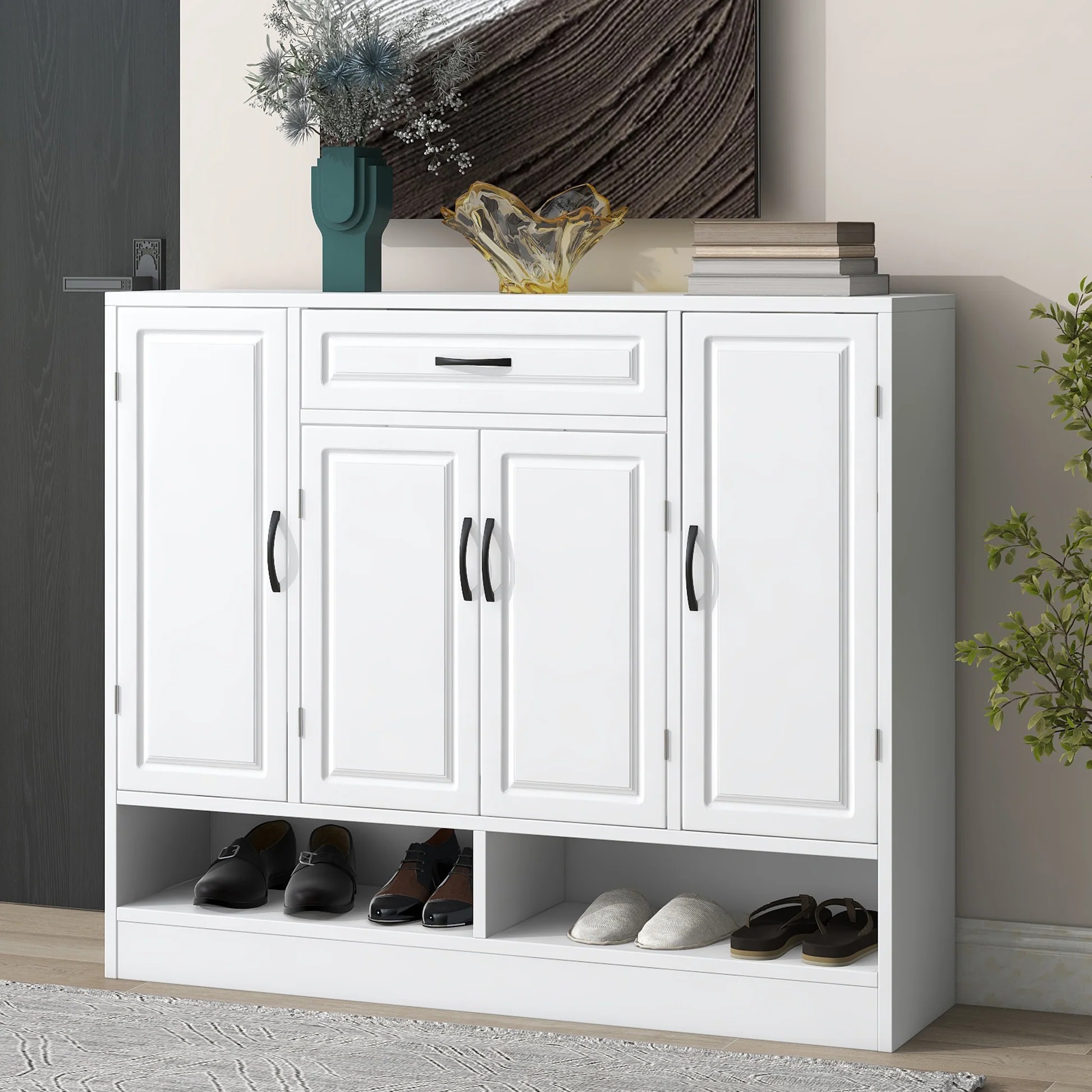 Armario de zapatos moderno y elegante a la moda con estantes ajustables, organizador de almacenamiento de zapatos minimalista con superficie superior resistente, tablero lateral de diseño ahorrador de espacio para artículos de varios tamaños, blanco WF304415AAK63980525763330120