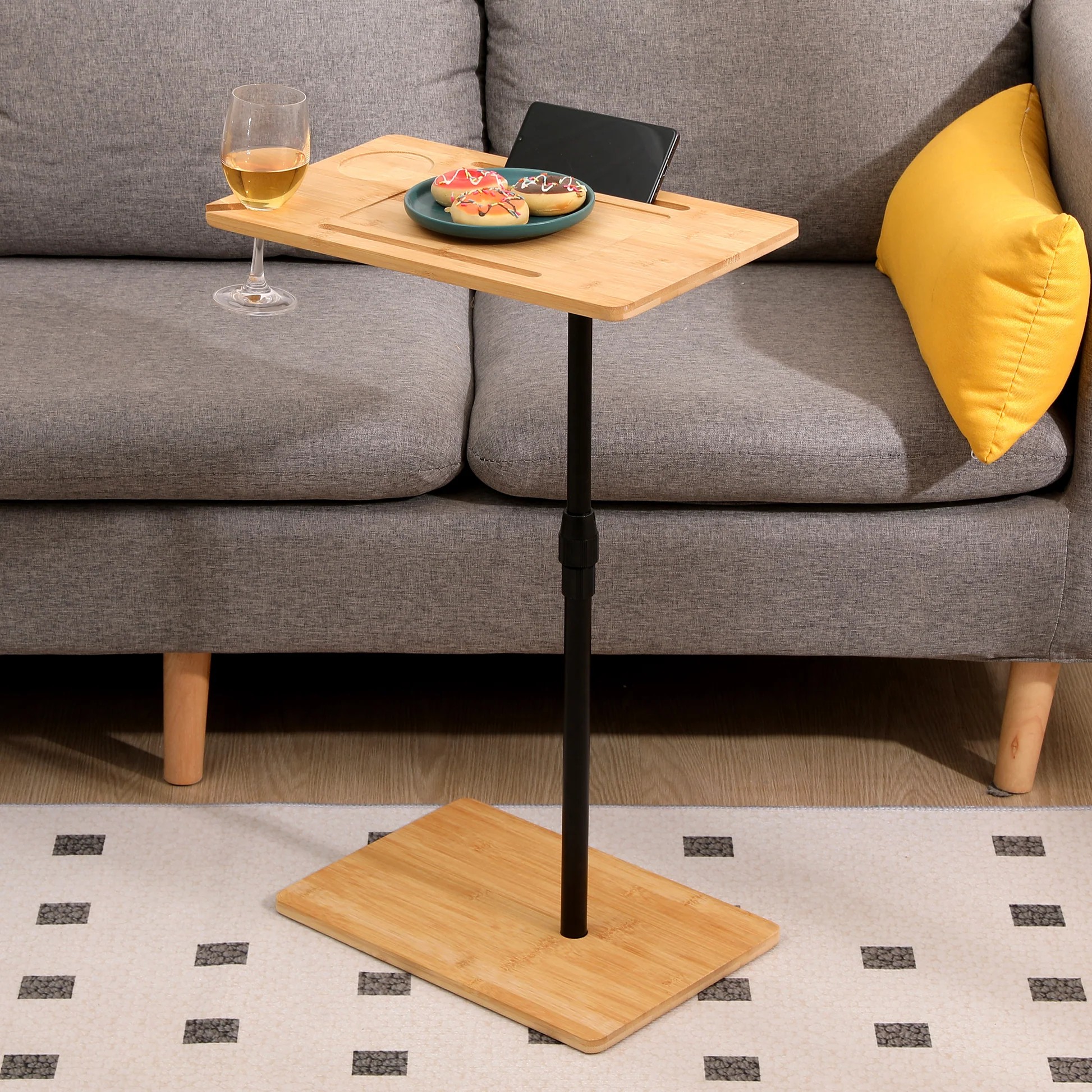 Bamboo Couch Tray Table Height Adjustable C-Shaped End Table with Slots 2 Tier Sofa Side Table for Living Room & Bedroom (Rectangle + Rectangle) W1757P17966463947395145091120