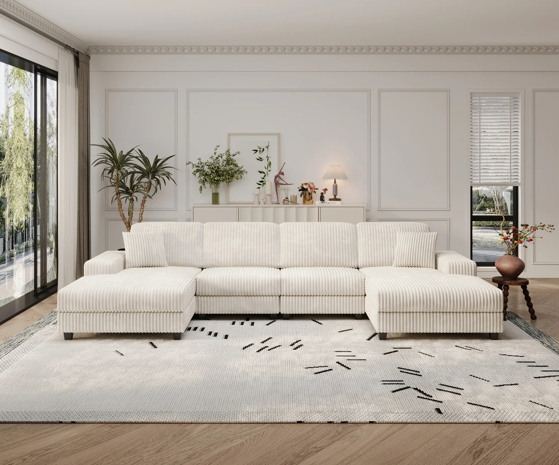 Sofá convertible en forma de U, combinación de tela corduroy, sofá moderno cómodo de gran tamaño para 4 personas, sillón doble para sala de estar, color beige W1793S0002763889121819137120