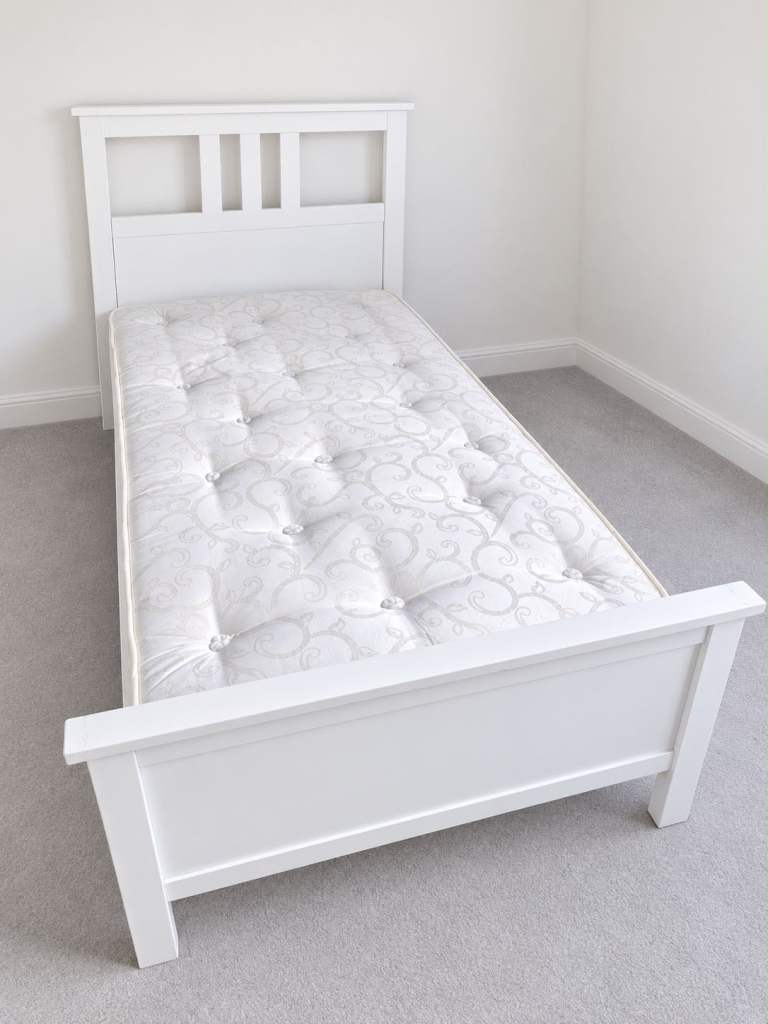 Single White Wooden Bed Frame with Mattress For Sale