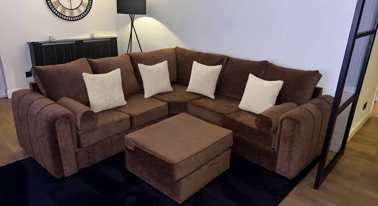 New Brown Velvet Corner Sofa with Footstool, Delivery Available