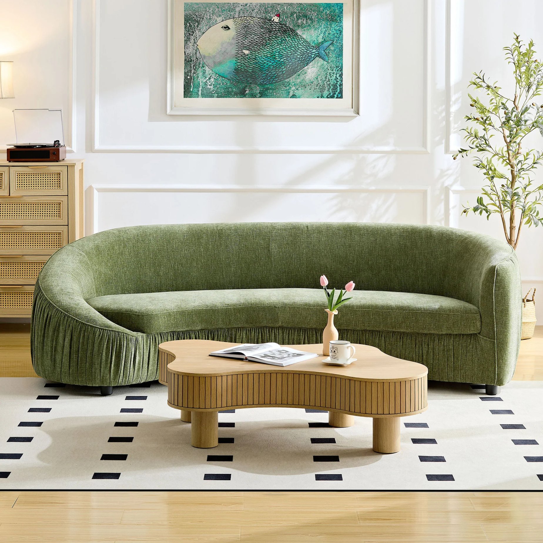 92.13 Inch Modern Design Curved Shaped Sofa Couch for Living Room,Upholstered Fabric 4-Seat Sofa No Need to Assembly Couch for Apartment,Green W2582P23148863887519357955120