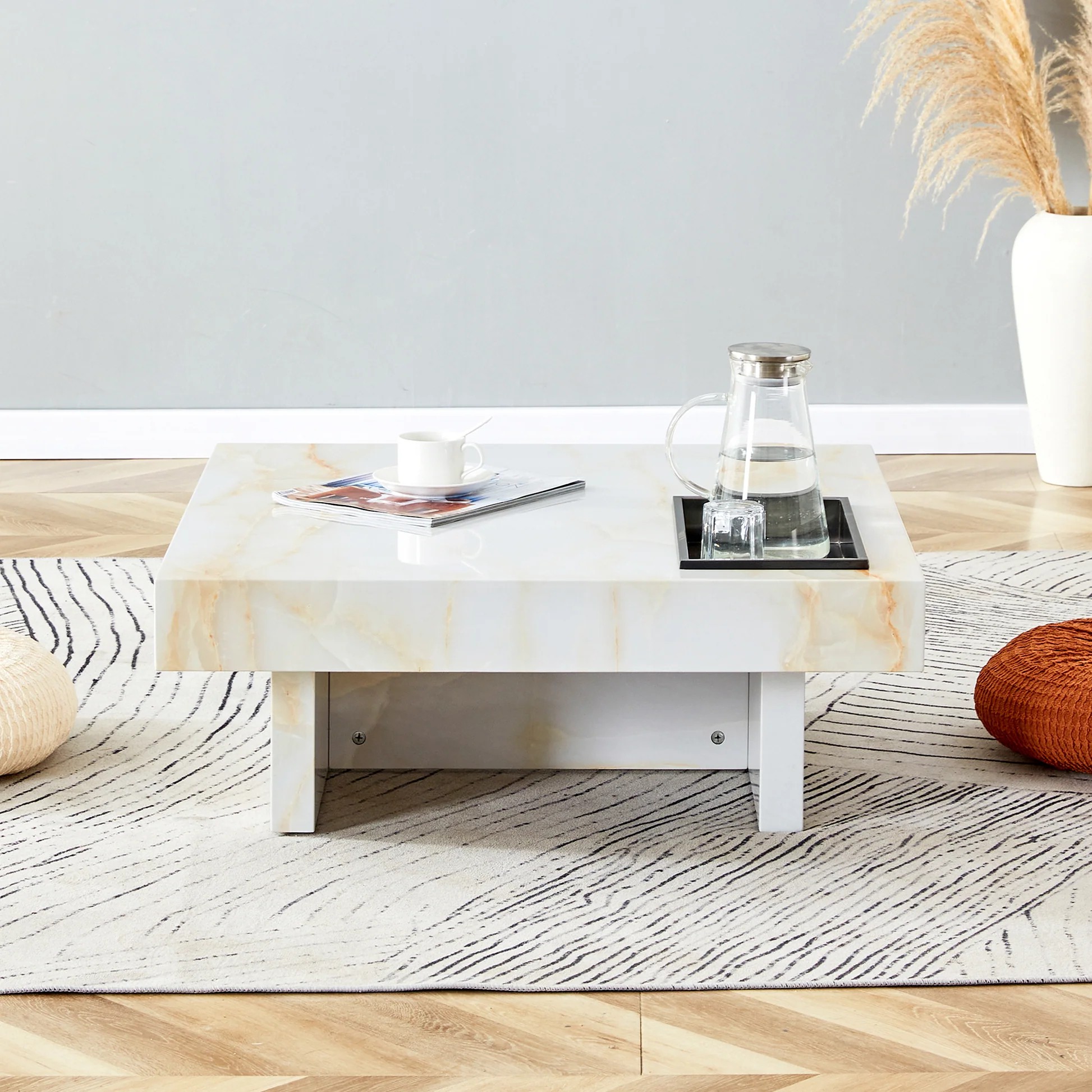 Una mesa de centro moderna y práctica con patrones de mármol artificial, hecha de material MDF. La fusión de elegancia y moda natural 31.4'* 31.4'* 12 ' W115111988163932122245250121