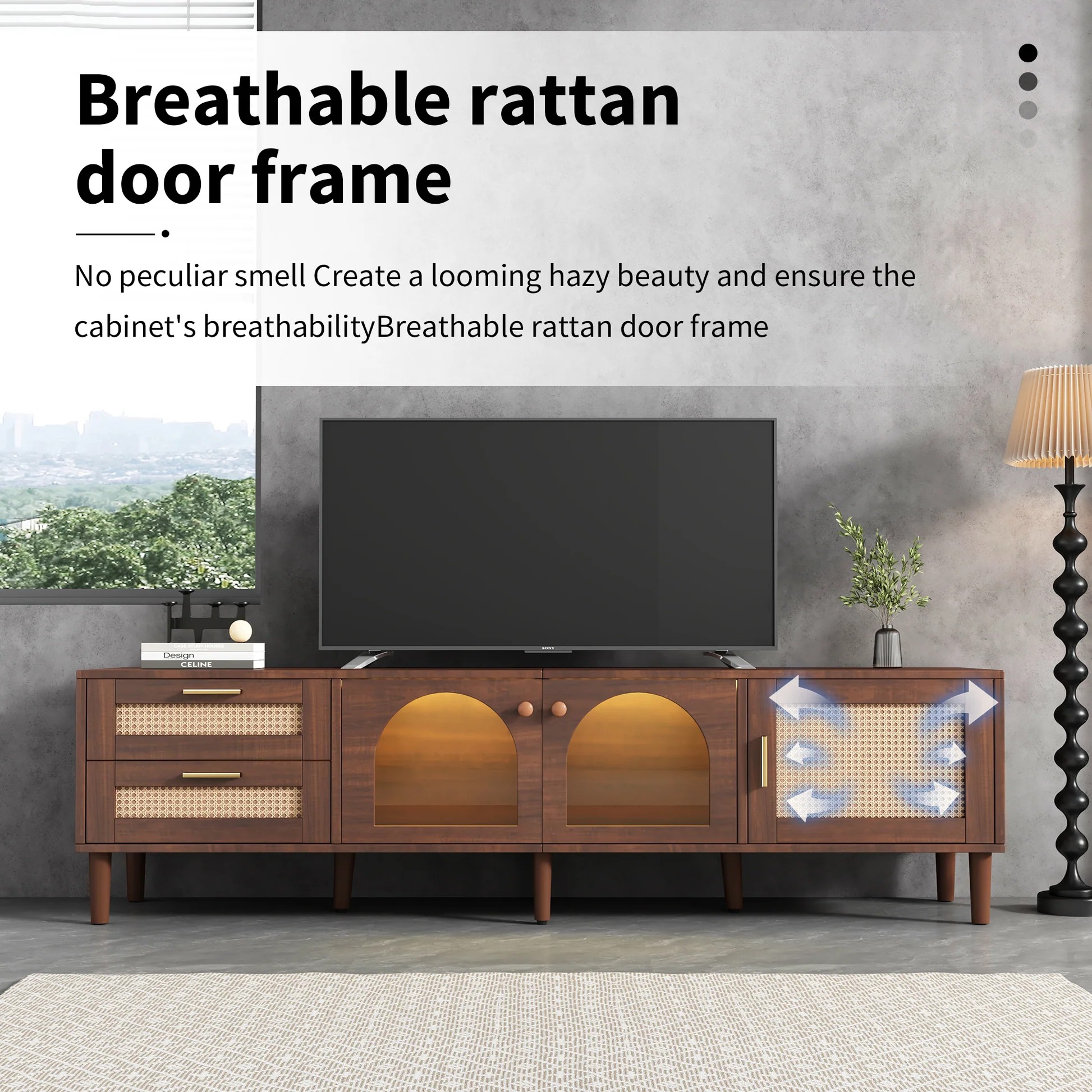 Rattan TV Stand with 3 Cabinets & 2 Drawers, Rattan-inspired Media Console Table for TVs up to 80'', LED Light Entertainment Center, TV cabinet for Living room, Bedroom, Home Theatre WF324225AAP63956772833410122