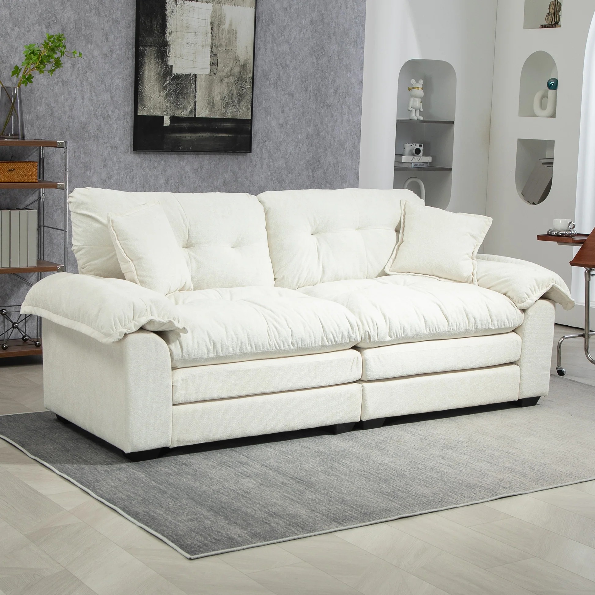 Sofá chenilla de 84' Sofá pequeño Sofá de dos plazas Asiento profundo Sofá con 2 cojines decorativos y espuma viscoelástica para sala de estar apartamento oficina salón - Beige W676S0001163887502449793120