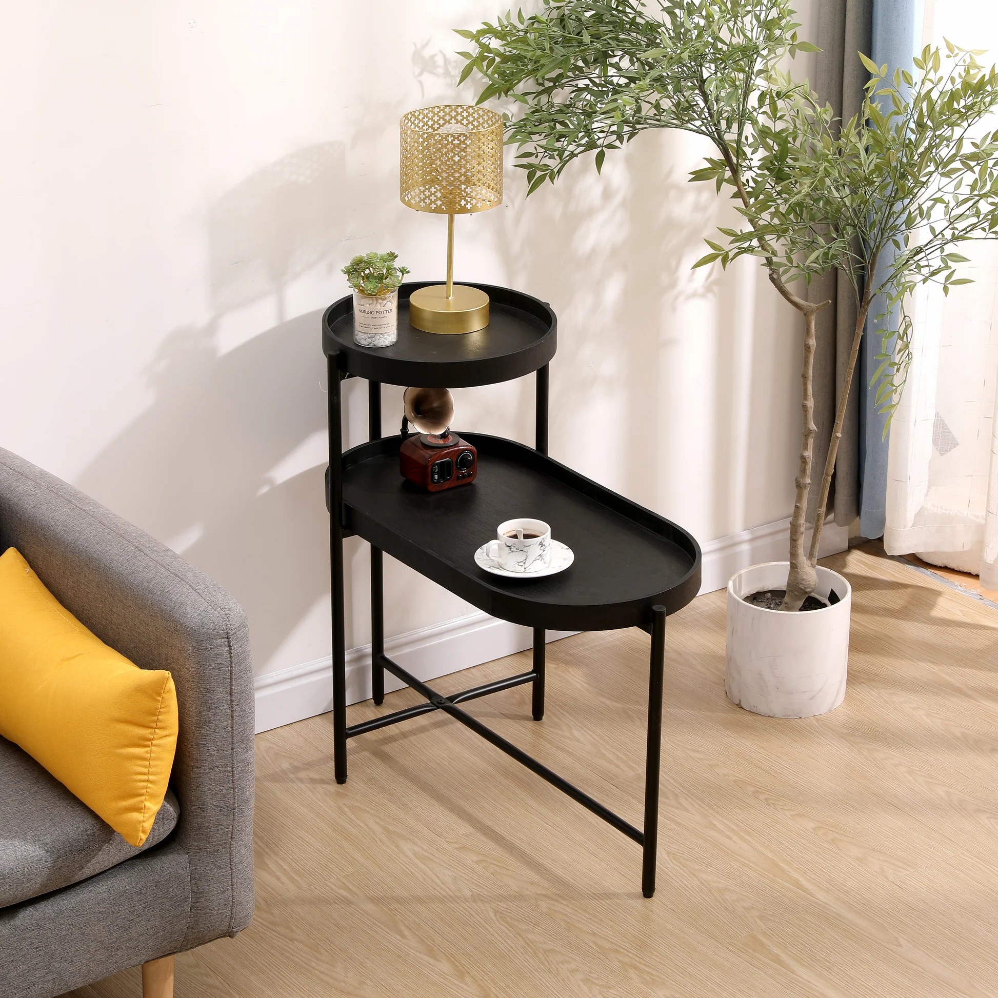 Mesa lateral negra de 2 niveles con almacenamiento, mesa para sofá para sala de estar, marco de metal y escritorio de madera, mesa auxiliar W175710475263947579291779122