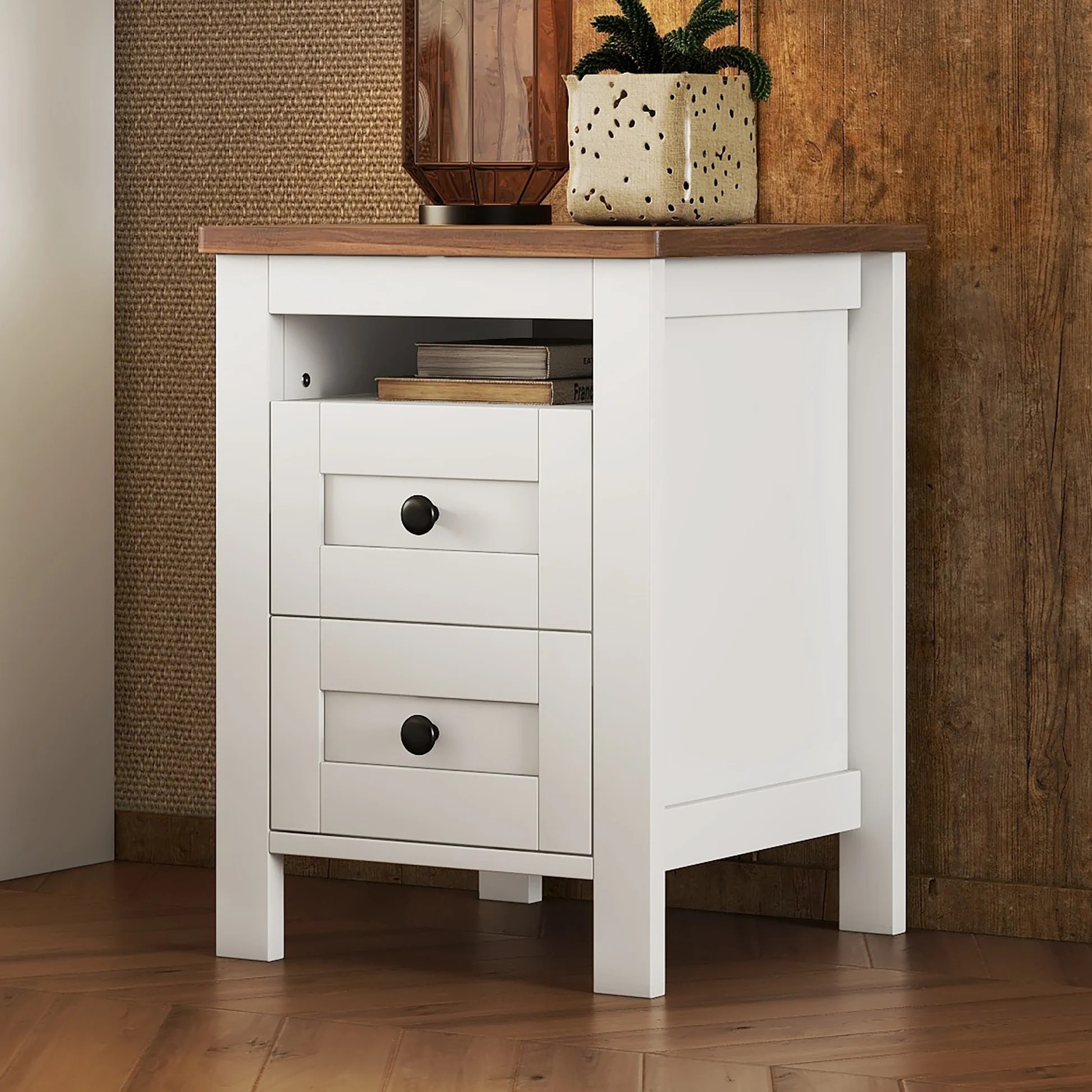 2-Drawer Farmhouse Wooden Nightstand with Well-proportioned Design and Sleek Lines, Wood Side Table with Storage Cabinet for Bedroom, White+Brown WF317945AAK63999377187842120