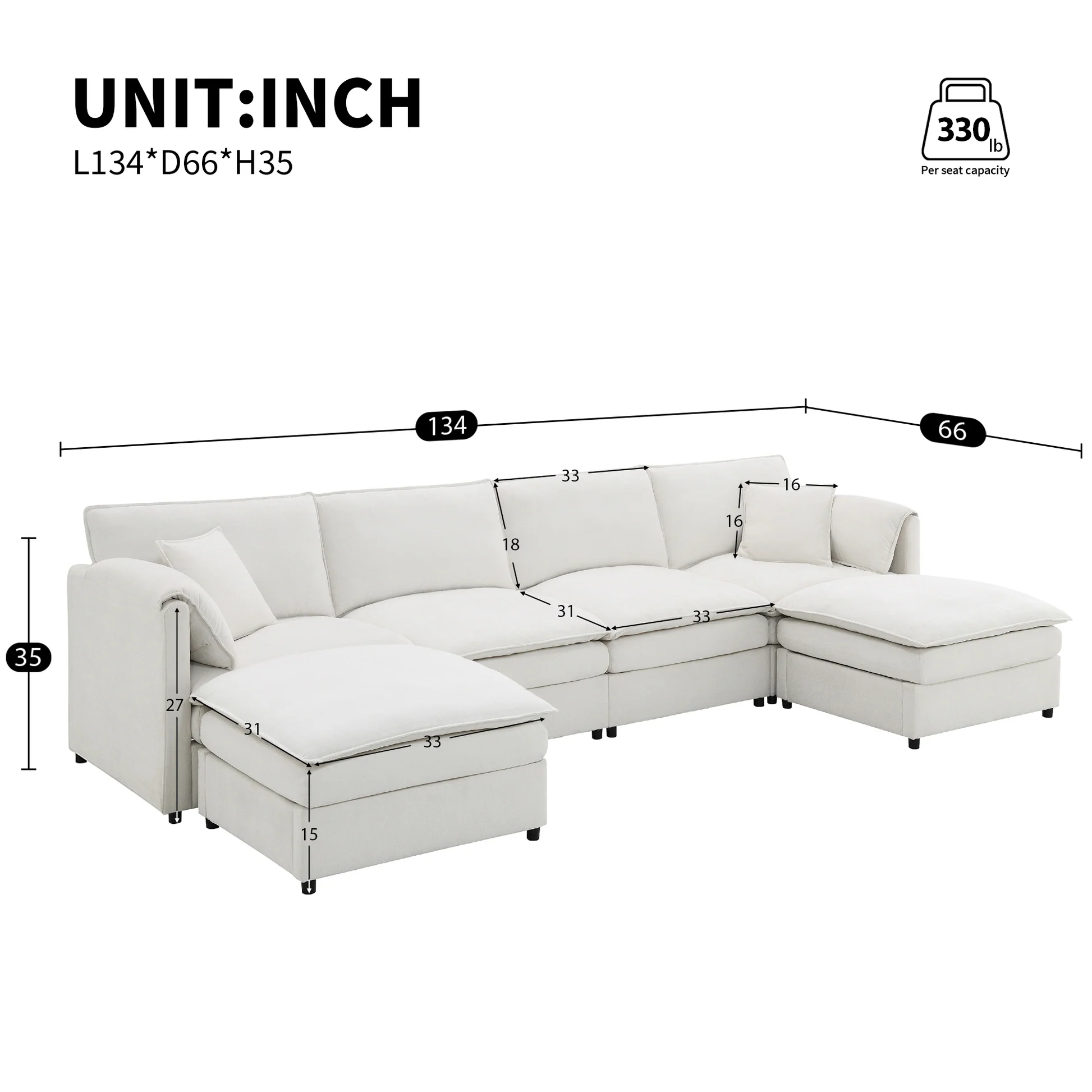 [VIDEO provided] [New] 134*66' Chenille Modular Sectional Sofa,U Shaped Cloud Couch Set with Double Cushions ,6 Seat Sleeper Sofa Bed with Ottomans,Oversized Indoor Furniture for Living Room, 3 Colors63876926329987122