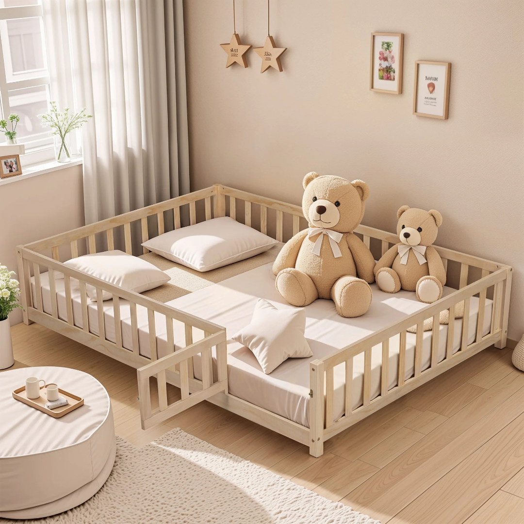 Cama de Plataforma en el Suelo de Tamaño Completo con Valla y Puerta para Niños, Marco de Cama Montessori en el Suelo con Listones de Soporte para Niños Pequeños, Cama de Madera Natural W171613214963877014156673120