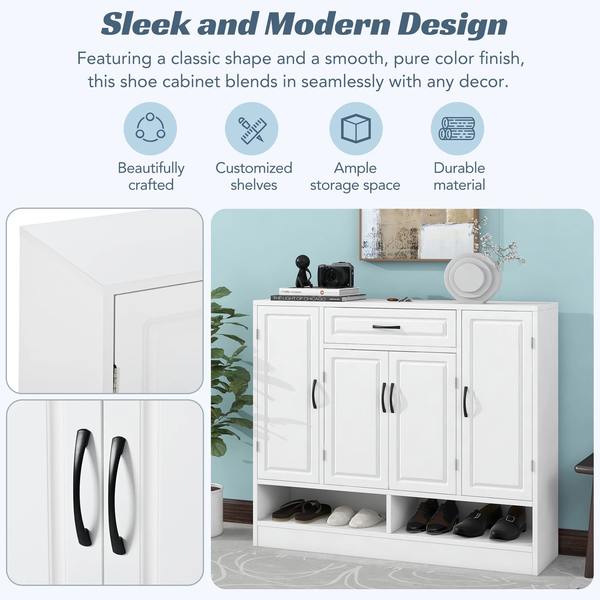ON-TREND Sleek and Modern Shoe Cabinet with Adjustable Shelves, Minimalist Shoe Storage Organizer with Sturdy Top Surface, Space-saving Design Side Board for Various Sizes of Items, White WF304415AAK63980525763330122
