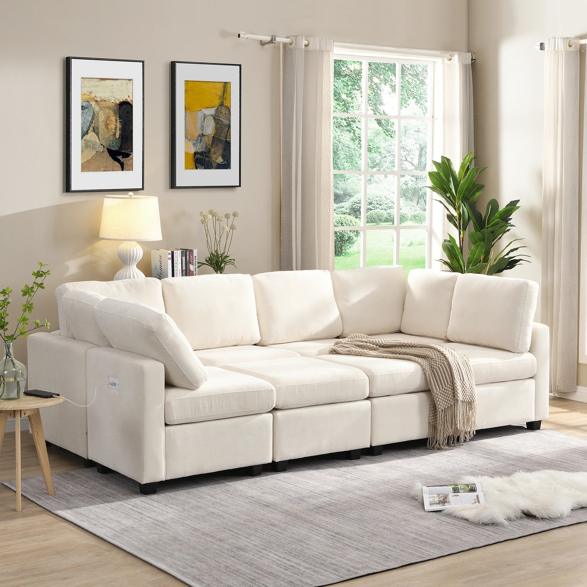 103' Sectional Sofa Couch Sofa Bed U-shaped Sofa with Two Movable Ottoman and Three USB Ports for Living Room, Beige N719S001620A63886863328259120