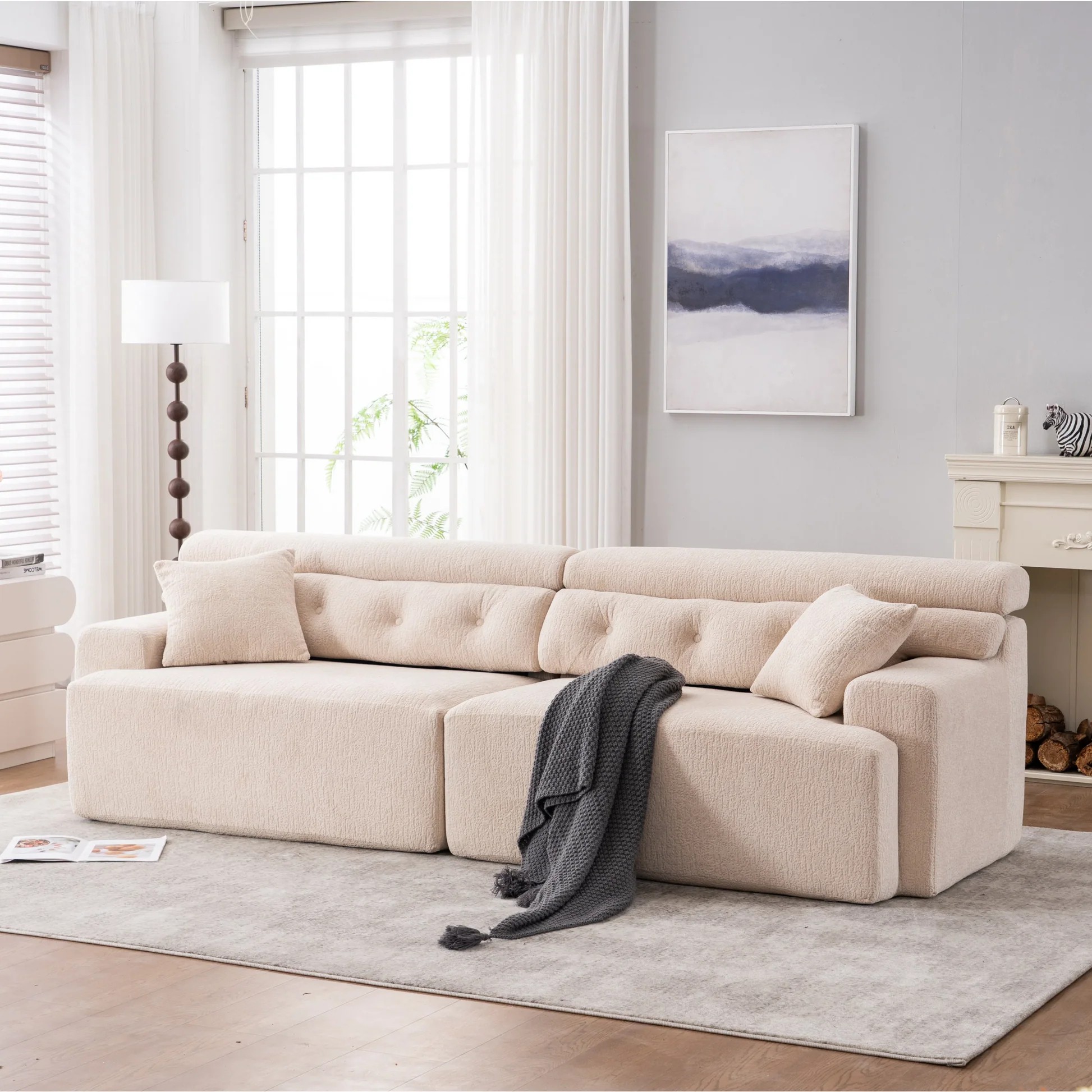 LY-029 APRICOT COMPRESSION SOFA: 4-seater combined sofa, Wood Grain Chenille fabric, full sponge compression sofa,combined sofa with 2 pillows for living/ Home Furniture/ Apartment W2231S0002363909061981315120