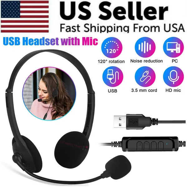 Auriculares con micrófono USB con cancelación de ruido para PC, ordenador, llamadas y chats