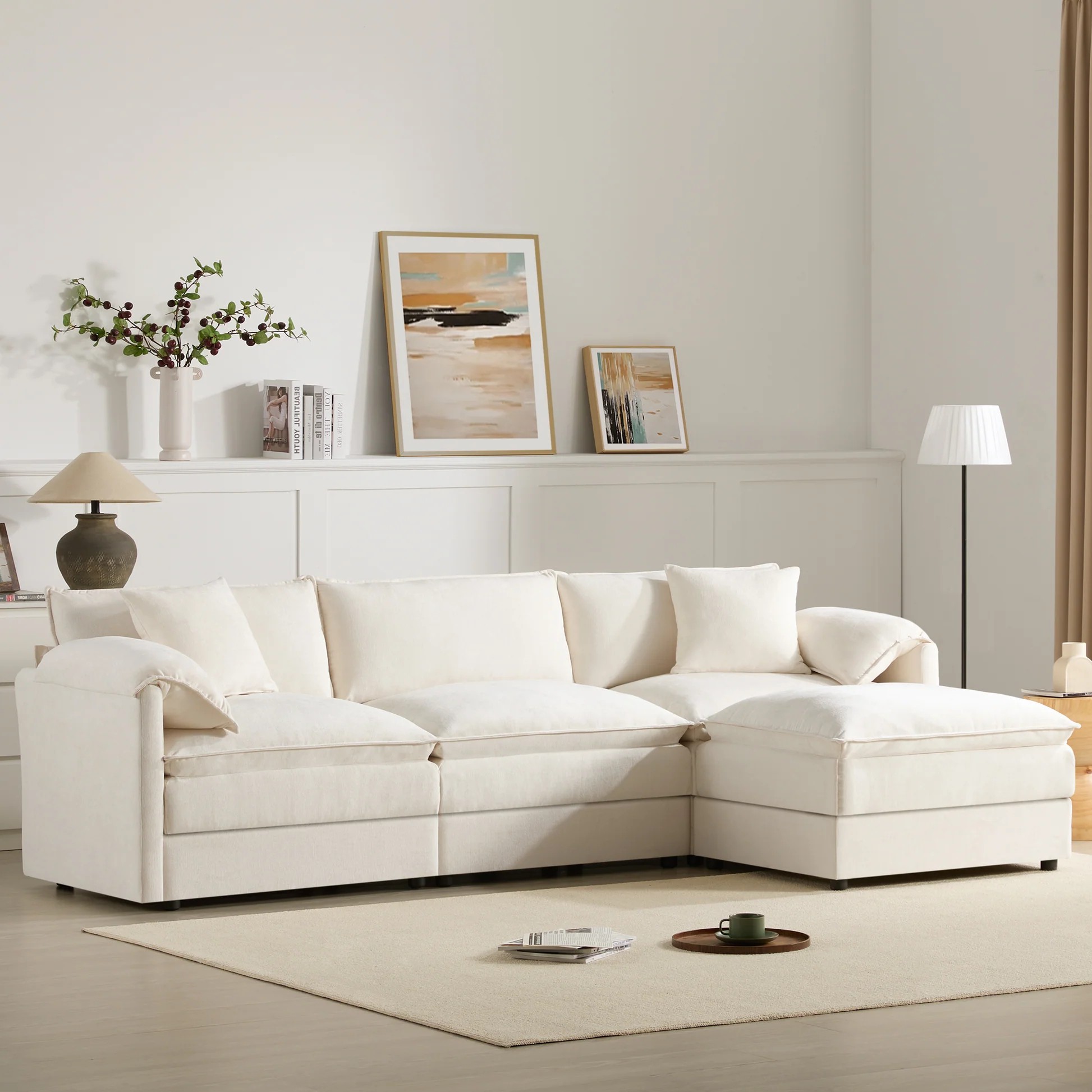 [VIDEO]Sofá modular Chenille de 103,5", conjunto de sofá en forma de nube con cojines dobles, sofá de 4 plazas con otomana móvil, muebles grandes para interiores para sala de estar, 3 colores63888837858305120