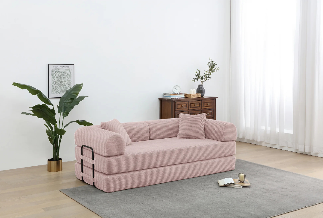 Convertible Sleeper Sofa Bed with Cylindrical Pillow - Corduroy Folding Mattress Couch with Fixed-Shape Frame for Living Room, Bedroom, Lounge, Studio - PINK W3199P31130863876896829825120