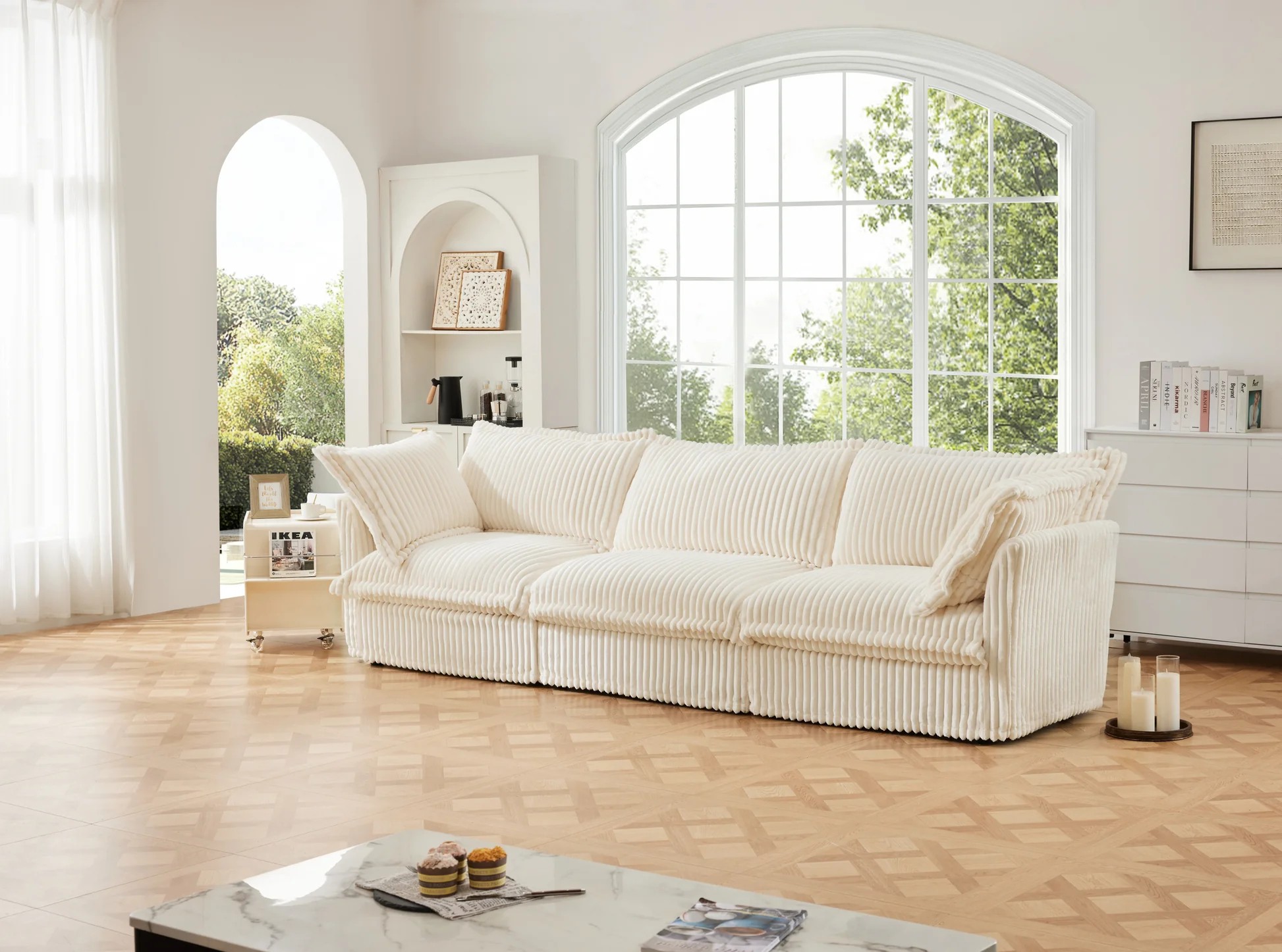 Slipcovered Sofa Couch, Modern 3 Seater Sofa with Suppleness Armrests,Deep Seat Sofa with Soft Multiple Big Pillows, Comfy Couch for Living Room, Apartment,Cream Corduroy Fabric W3041S0002063889101307009121