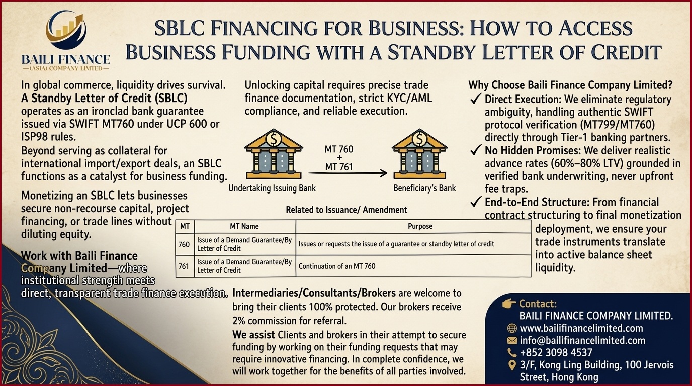 Proporcionar servicio de financiación mediante SBLC para necesidades de fondos empresariales