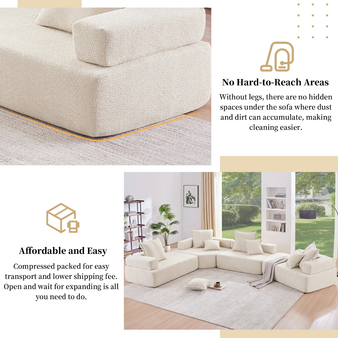 Sofá Seccional Modular Extragrande en Forma de U, Juego de Sofá de Piso de Lujo con Tejido Bouclé, Sofá Compacto Convertible, Sofá Espacioso Relleno de Espuma para Sala de Estar, Combinación Libre de 4 Piezas, 2 Colores N723S1290A63876978381187121
