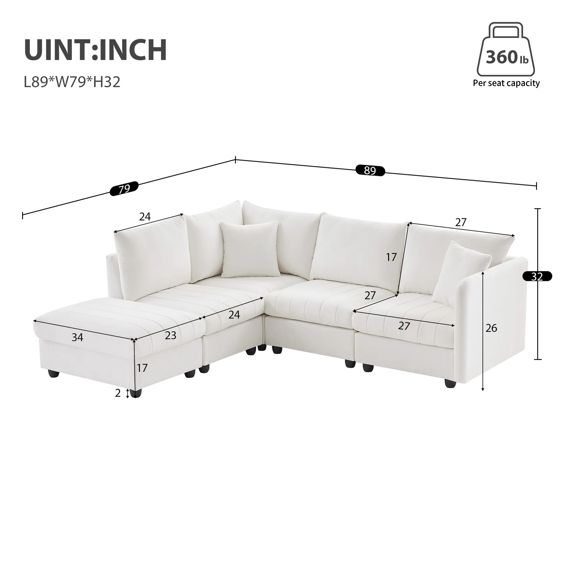 89*79' Modern Modular Sectional Sofa with Deep Seat,Vertical Stripes,5 Seat Corner Couch with Movable Ottoman,Throw Pillows,L-Shaped Comfy Cloud Indoor Furniture for Living Room,Apartment,3 Colors N7263876910544769122