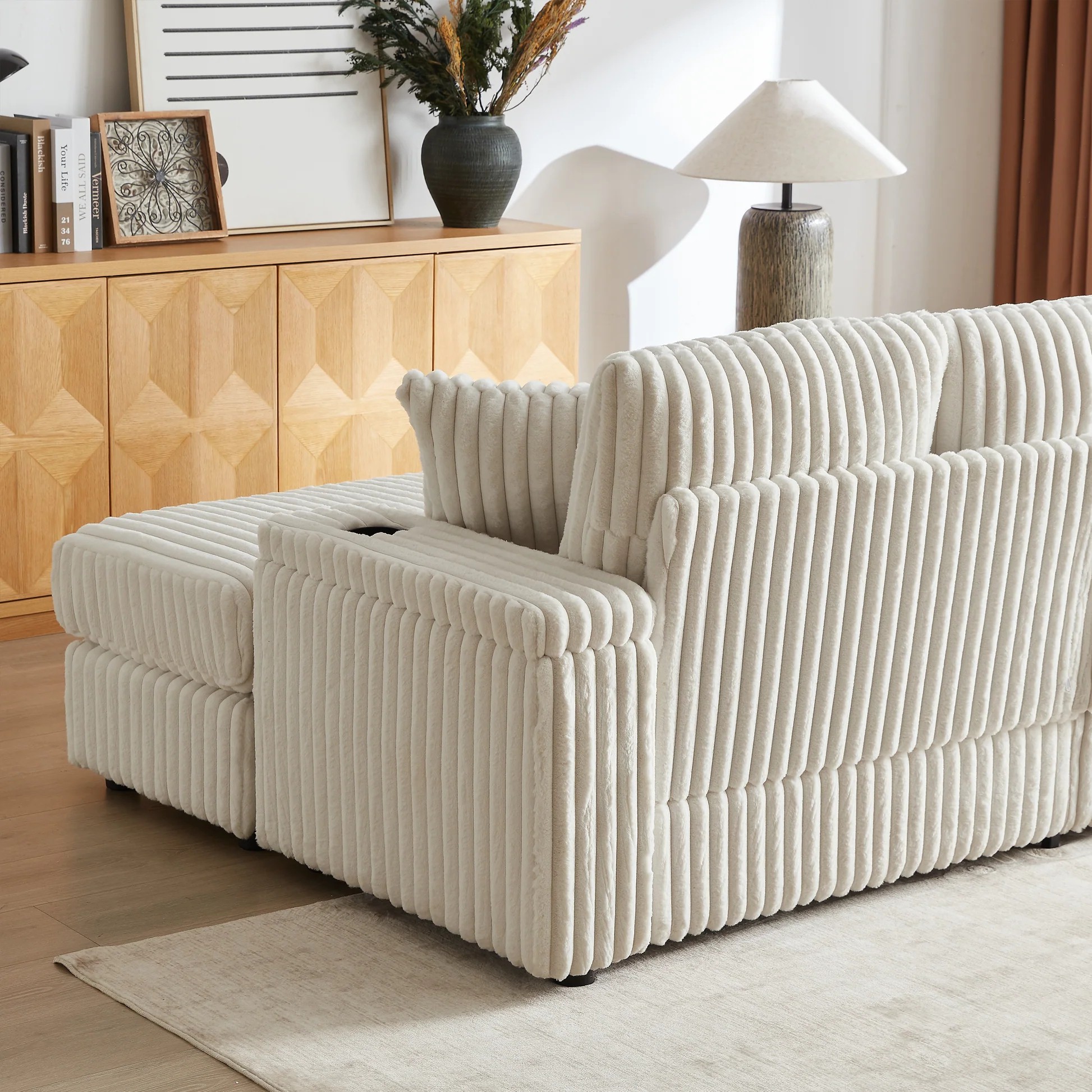 84Inch Corduroy 3-seater sofa With 3 back pillows ,2 toss pillows , 2 ottoman ,2storage spaces and cup-holding grooves Comfy Sofa- Deep Seat Couch for Living Room W834S0035763888747551491121
