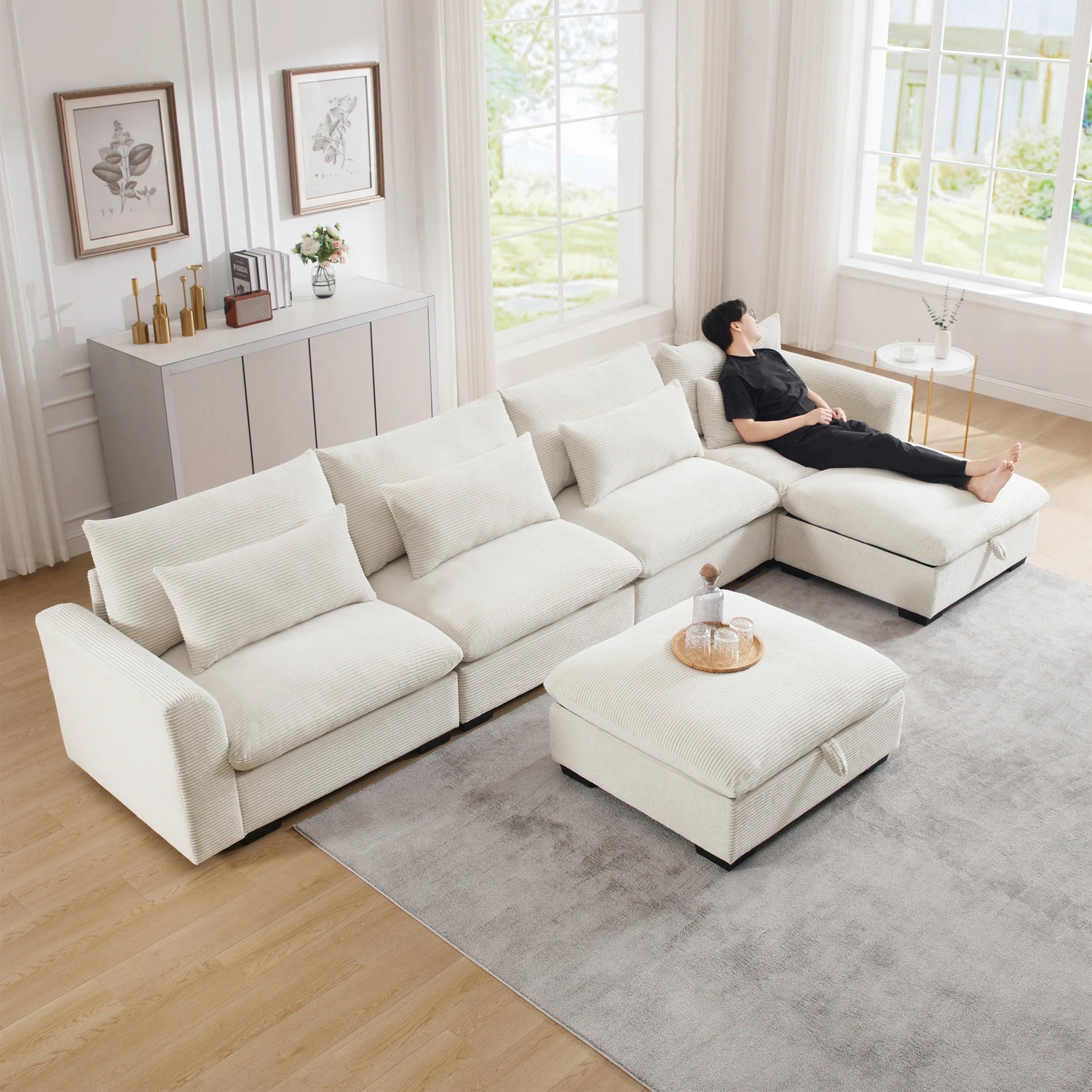 Sofás seccionales grandes de terciopelo acanalado en forma de U con asiento profundo para sala de estar, sofá de 4 plazas con 2 taburetes de almacenamiento y 4 almohadas lumbares (terciopelo acanalado, beige) W714S0064463886819732865120
