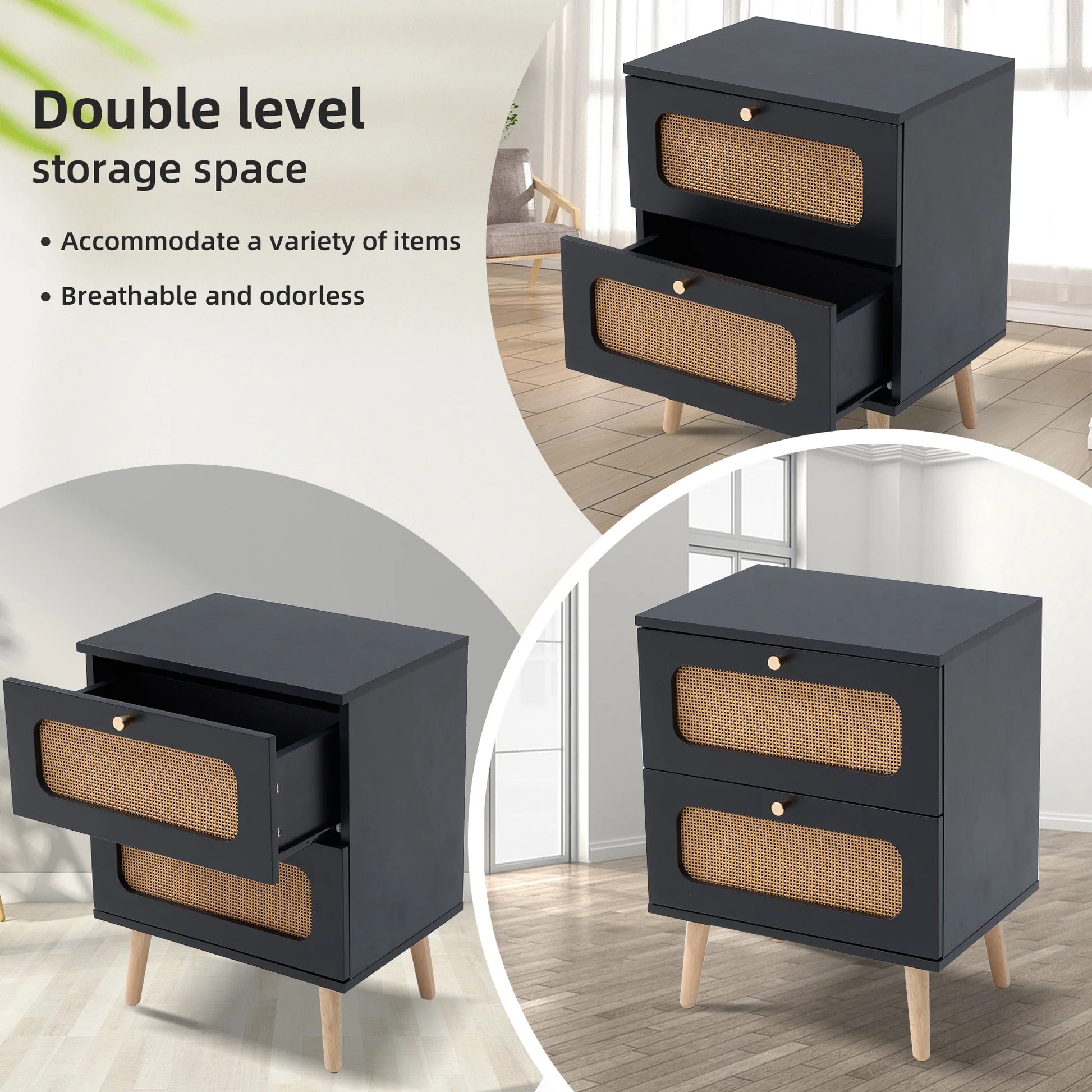 Mesita de noche de ratán con 2 cajones para dormitorio y sala de estar, mesa auxiliar, mesa lateral con 2 cajones decorados de ratán hechos a mano W2282P22056163999386169346122
