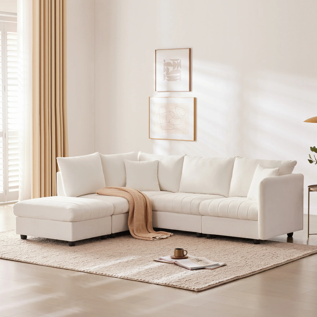 Sofá seccional modular moderno de 89*79', asiento profundo, rayas verticales, sofá esquinero de 5 plazas con otomana móvil, almohadones decorativos, mueble interior cómodo en forma de L, tipo nube, para sala de estar o apartamento, 3 colores N7263876910544769120