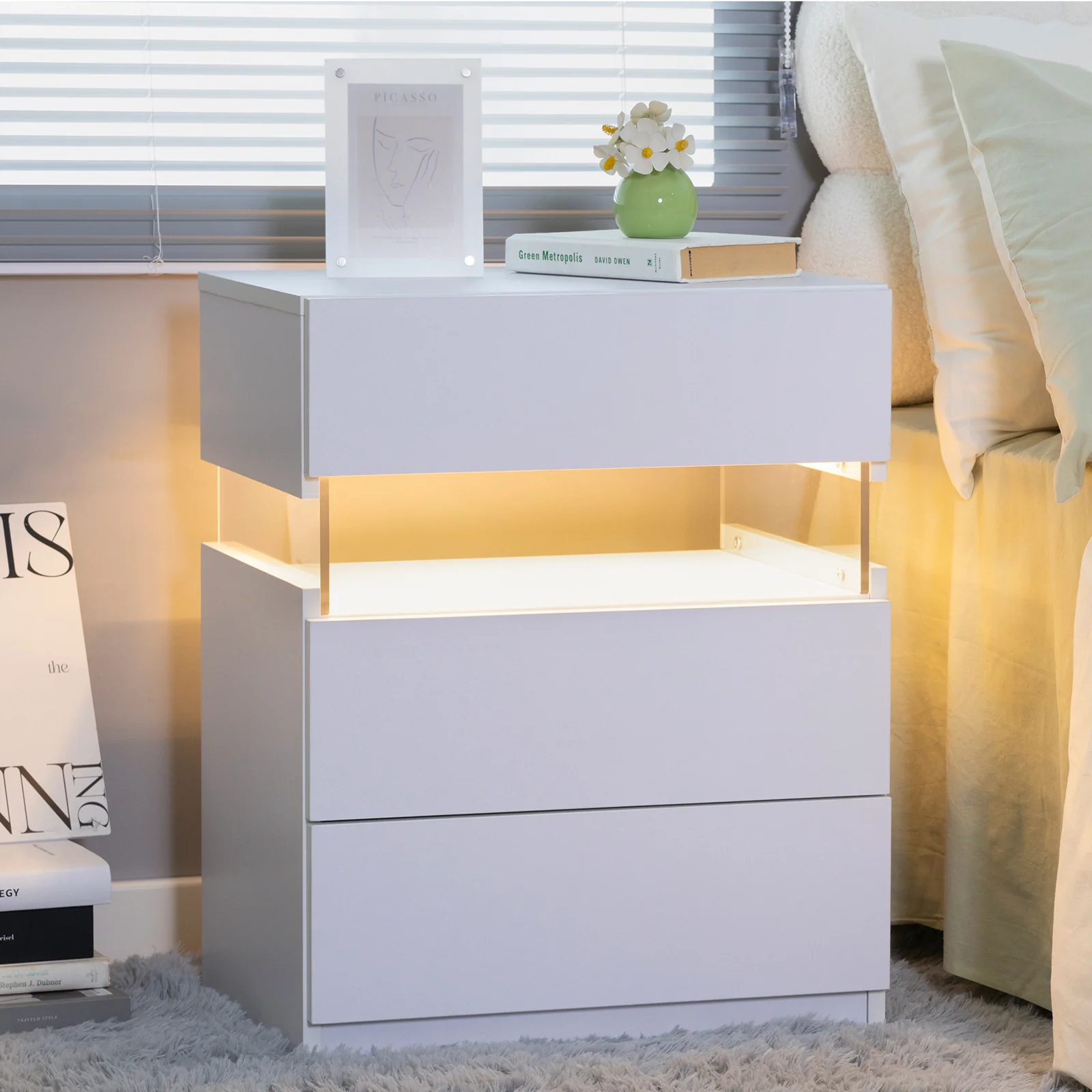 Mesitas de noche LED con 3 cajones, cómoda para dormitorio, mesa auxiliar con panel acrílico, mesas de noche LED para dormitorio, sala de estar, muebles de noche (blanco) W217813209263999190052610120