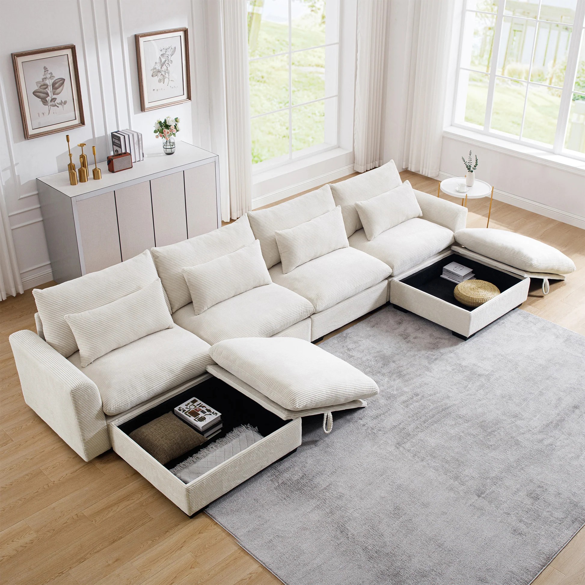 Big Deep Seat U-Shaped Corduroy Sectional Couches for Living Room, 4 Seater Sofa Couch with 2 Storage Footstool and 4 Waist Pillows (Corduroy, Beige) W714S0064463886819732865121