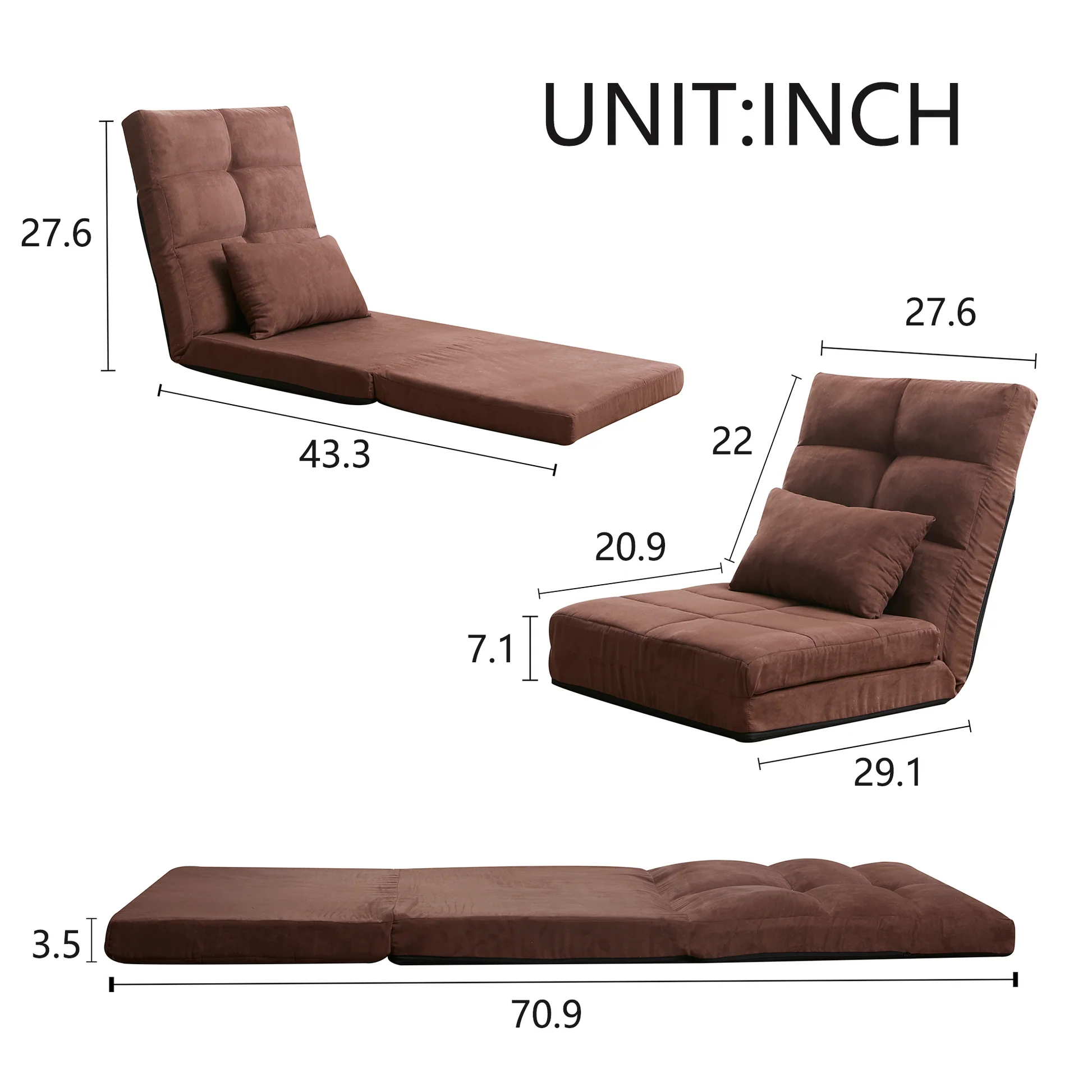 Modern Triple Fold-Down Brown Metal Frame Sofa Bed with 5 Reclining Positions and Pillow – Adjustable Upholstered Floor Couch for Gaming or Guest Room W2443111863876829145985122