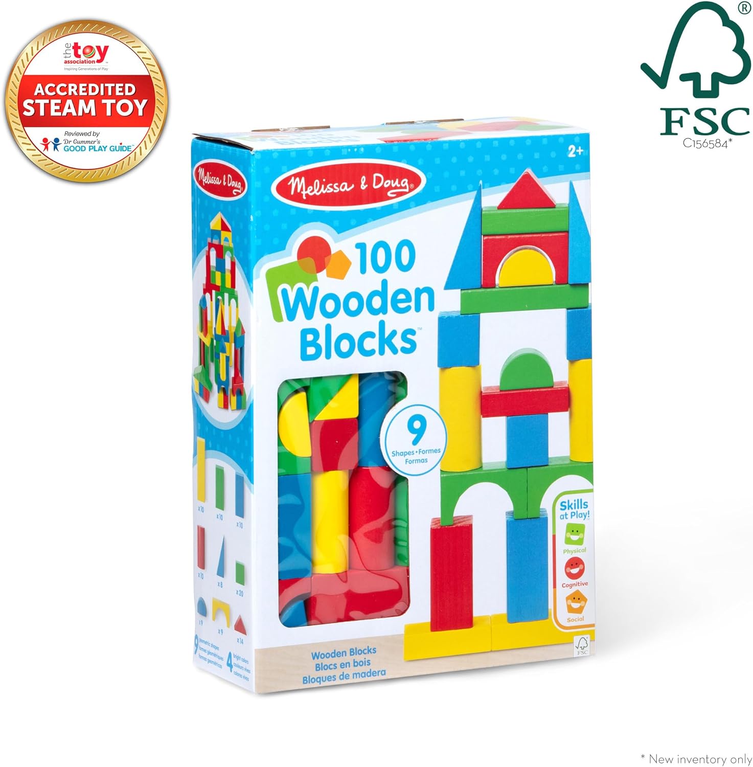Melissa & Doug Wooden Building Blocks Set 100 Blocks in 4 Colors and 9 Shapes (Open Box)63678933055105124