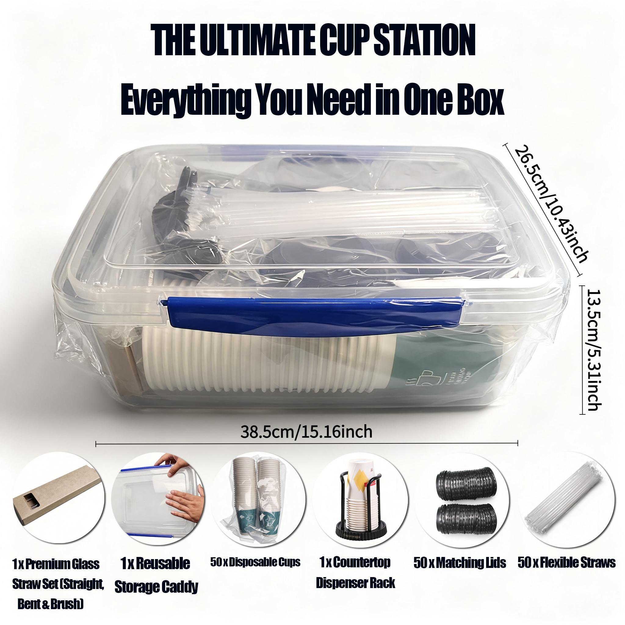 50 juegos de tazas, 50 juegos de tapas, 50 juegos de popotes, 1 juego de estantes para tazas, 1 juego de popotes de vidrio, cajas de 15 cuartos de galón, taza de plástico64518811066369121