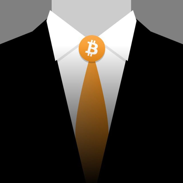 Digital Illustration: Formal Suit, Gold Tie, and Bitcoin Pin