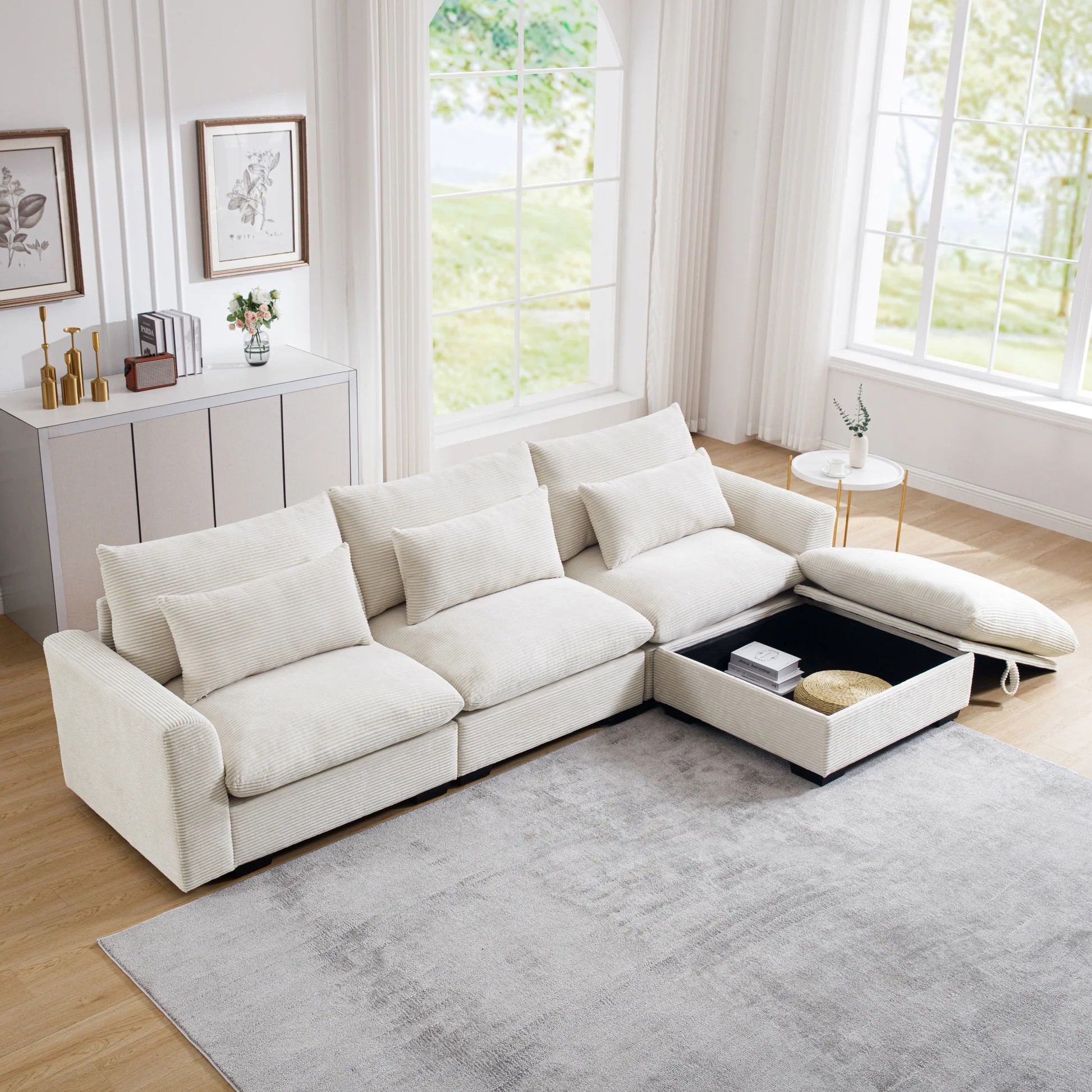 Corduroy Sectional Sofa, L Shaped Couch with Storage Footstool and 3 Pillow, Sectional Couch for Living Room Apartment, Beige W714S0064163886850871939120