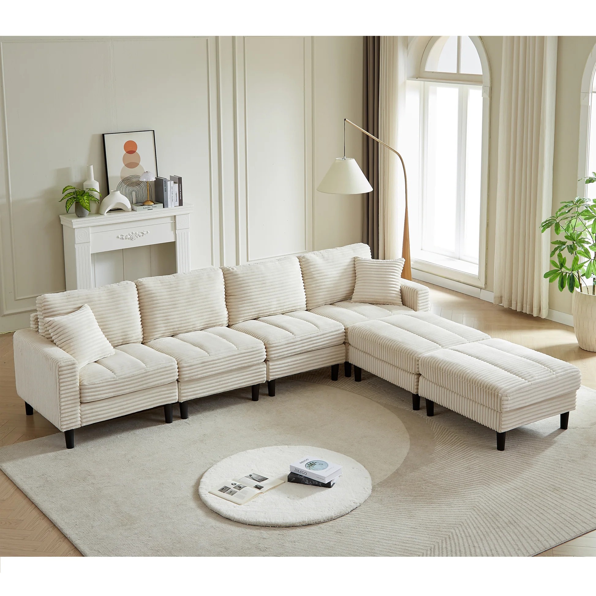 Sofá modular en forma de U extragrande de 122.5 pulgadas, sofá de tela de pana, sofá seccional para sala de estar con 2 almohadas, dos otomanas, patas de plástico, beige W1193S0012263889029222273122