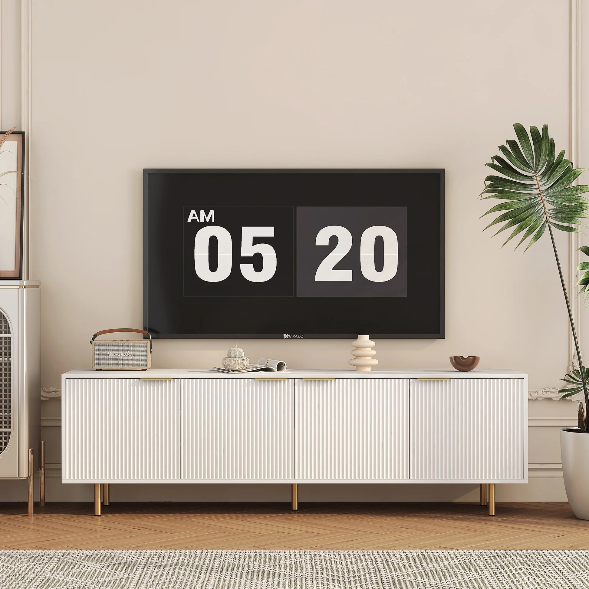 Soporte Blanco Moderno para TV Acanalado de 68', Centro de Entretenimiento con Puertas de Almacenamiento, Gabinete de Medios para Consola de TV, para TV de 55+ Pulgadas, Sala de Estar W1321P18596763956825491842120