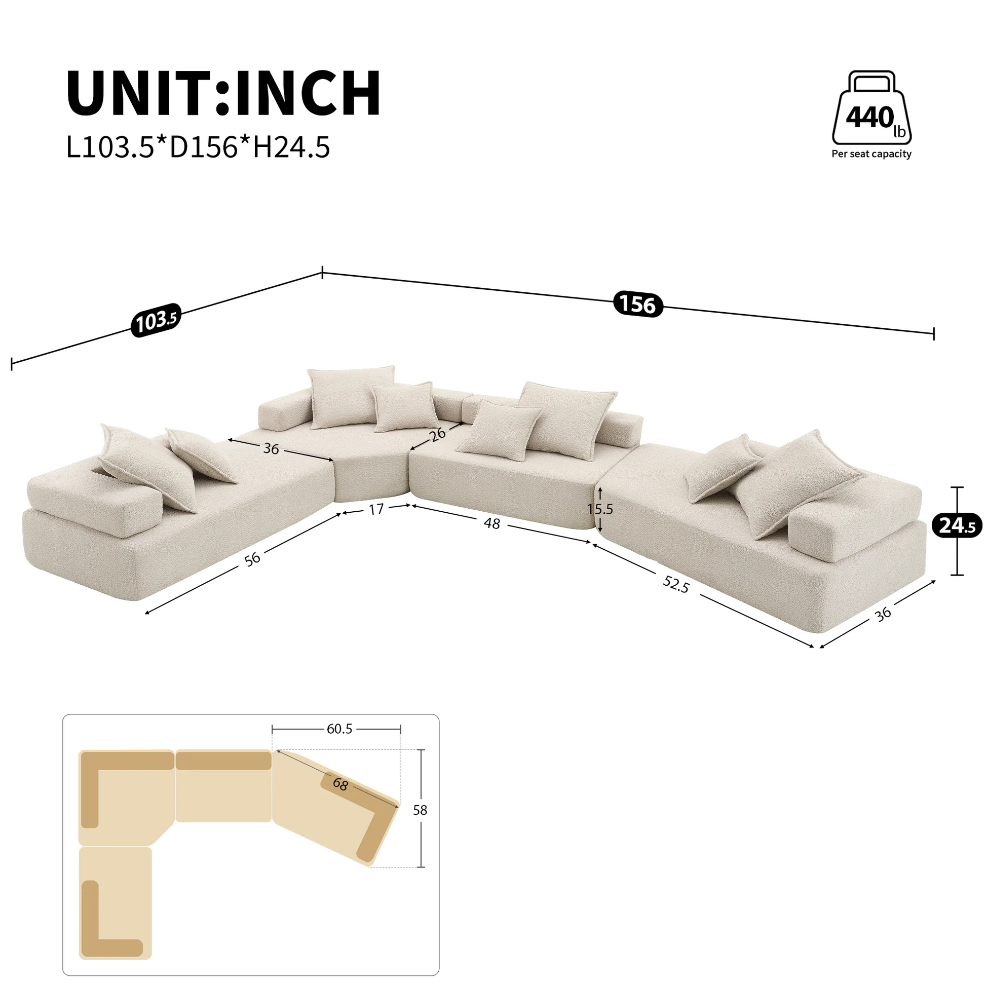 Sofá Seccional Modular Extragrande en Forma de U, Juego de Sofá de Piso de Lujo con Tejido Bouclé, Sofá Compacto Convertible, Sofá Espacioso Relleno de Espuma para Sala de Estar, Combinación Libre de 4 Piezas, 2 Colores N723S1290A63876978381187122