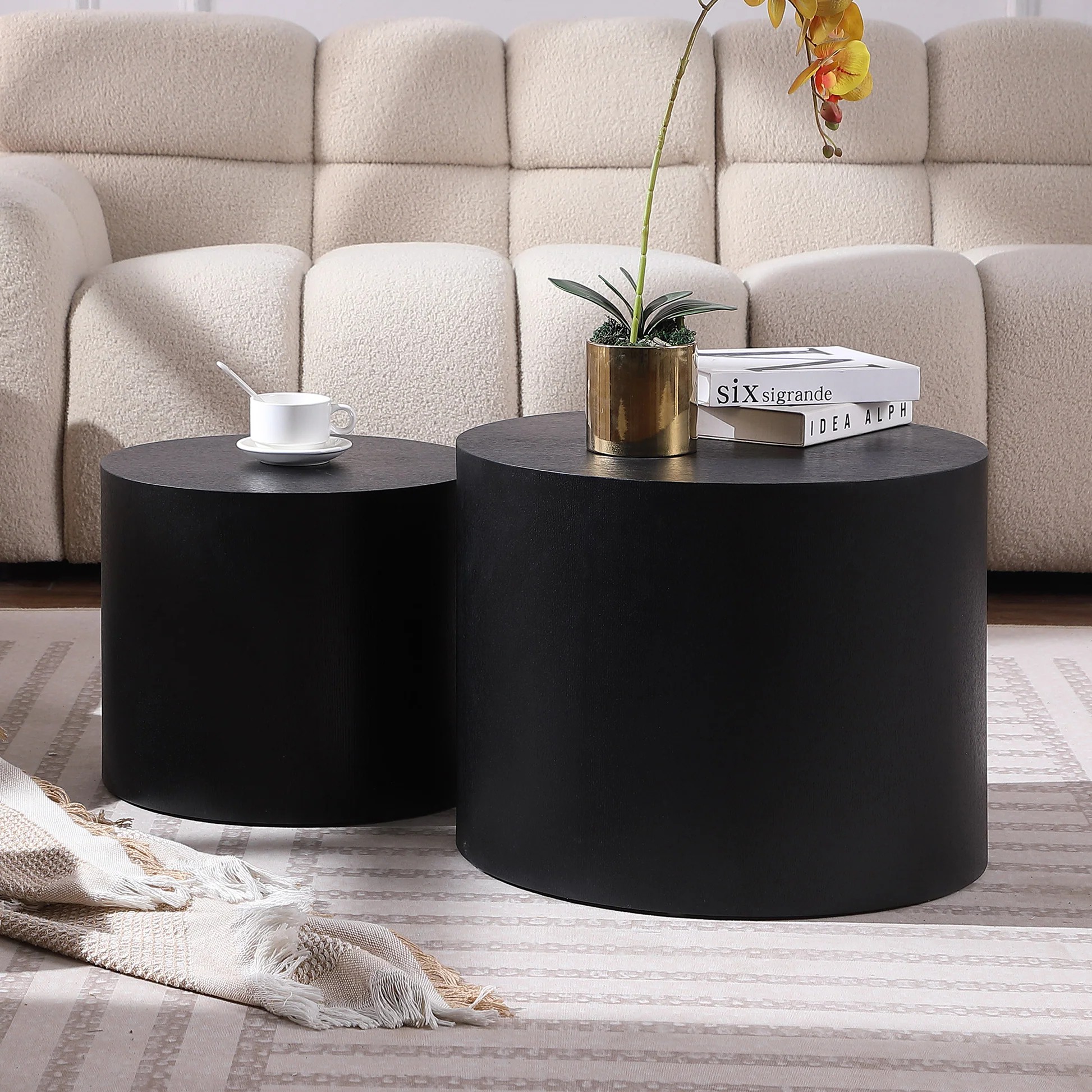 Mesa auxiliar / mesa de centro / mesa final / juego de mesas apilables de 2 piezas con chapa de fresno/roble/nogal MDF para sala de estar, oficina, dormitorio Negro W8764012163932195475074120