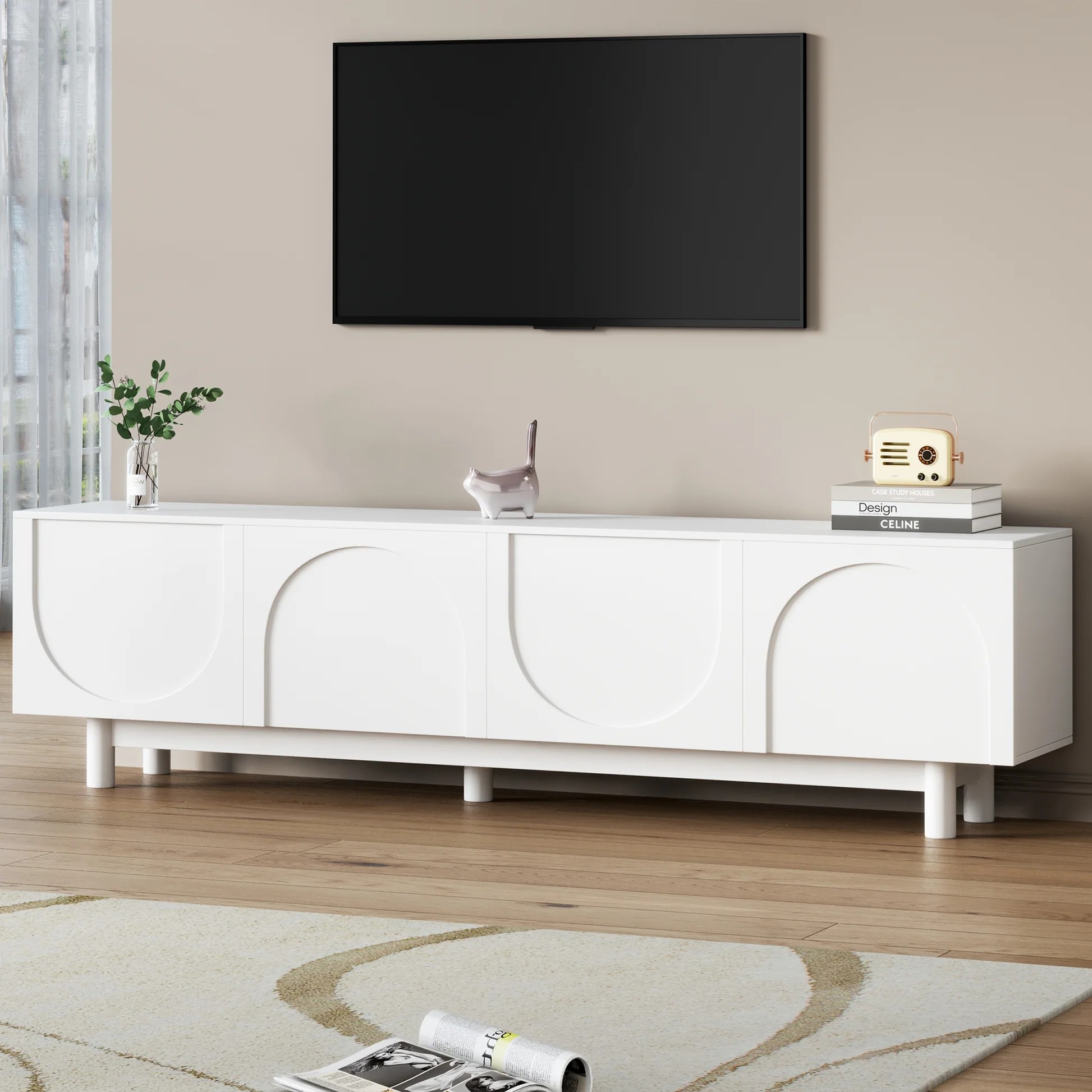 ON-TREND Graceful TV Stand with Arch Cabinets for TVs Up to 78'', Minimalist Entertainment Center with Solid Wood Legs, Practical Media Console with Adjustable Shelves for Living Room, White WF325999A63956806682370120