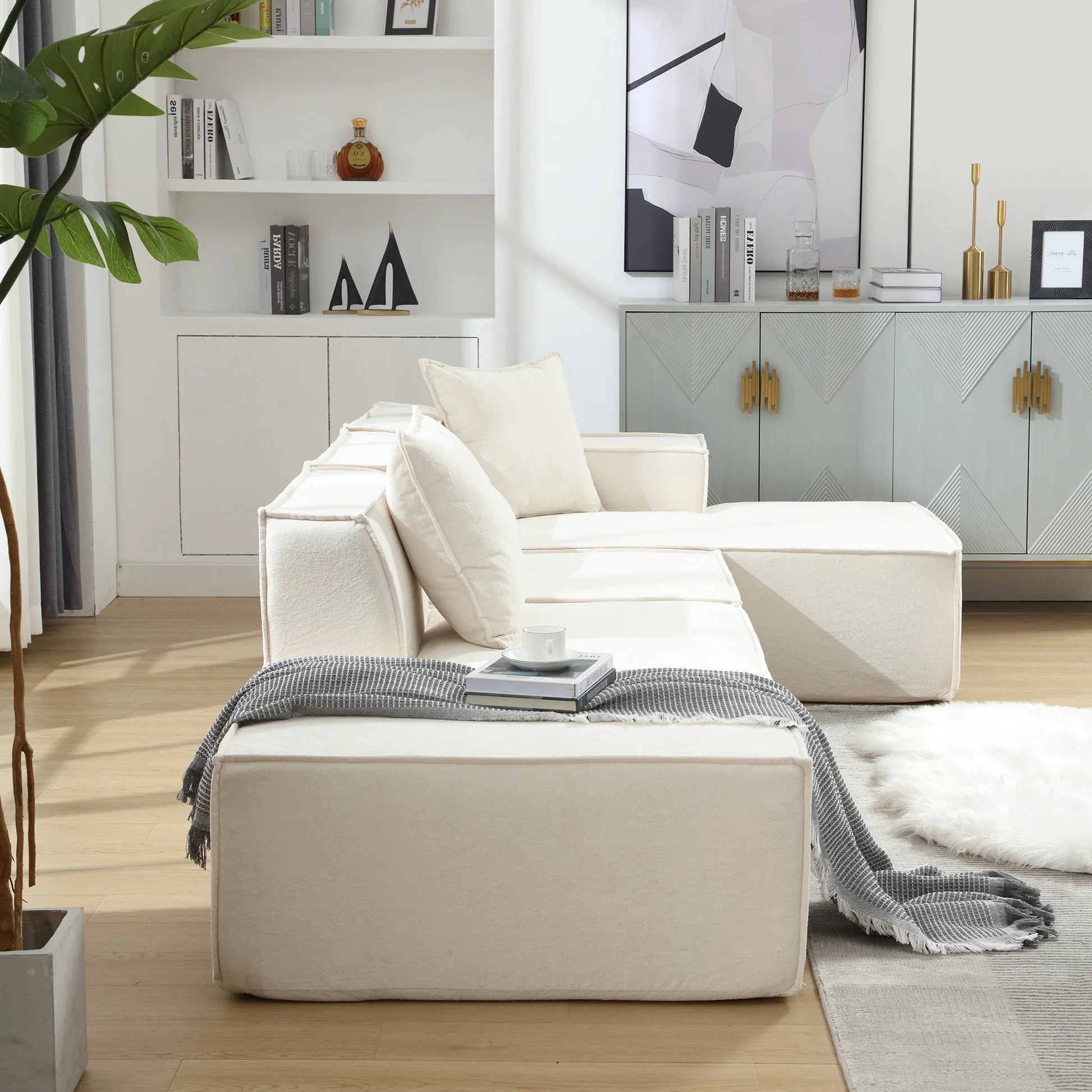 [VIDEO PROVIDED] Modular combination living room sofa set, modern minimalist sofa, free installation sofa, L-shaped, Italian minimalist tofu block sofa, Right-Hand Facing,Terrycloth fabric ,Beige W21063886941949955121