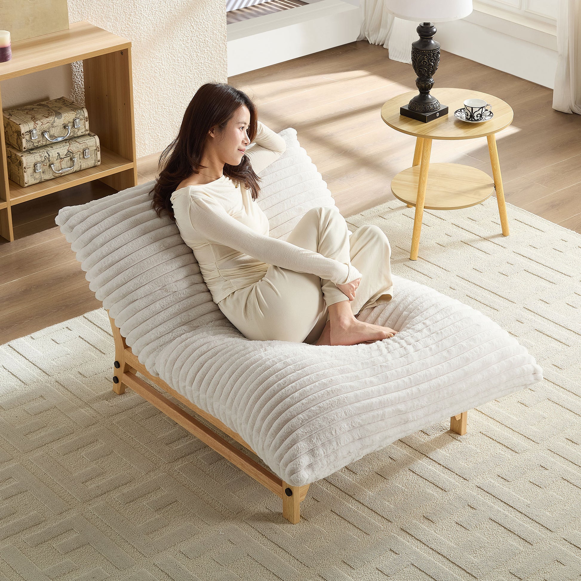 Sillón reclinable sin brazos con estilo casual, sillón individual, tela de pana, para sala de estar y dormitorio, con respaldo, asiento individual, blanco roto W876P30451663876964024193121