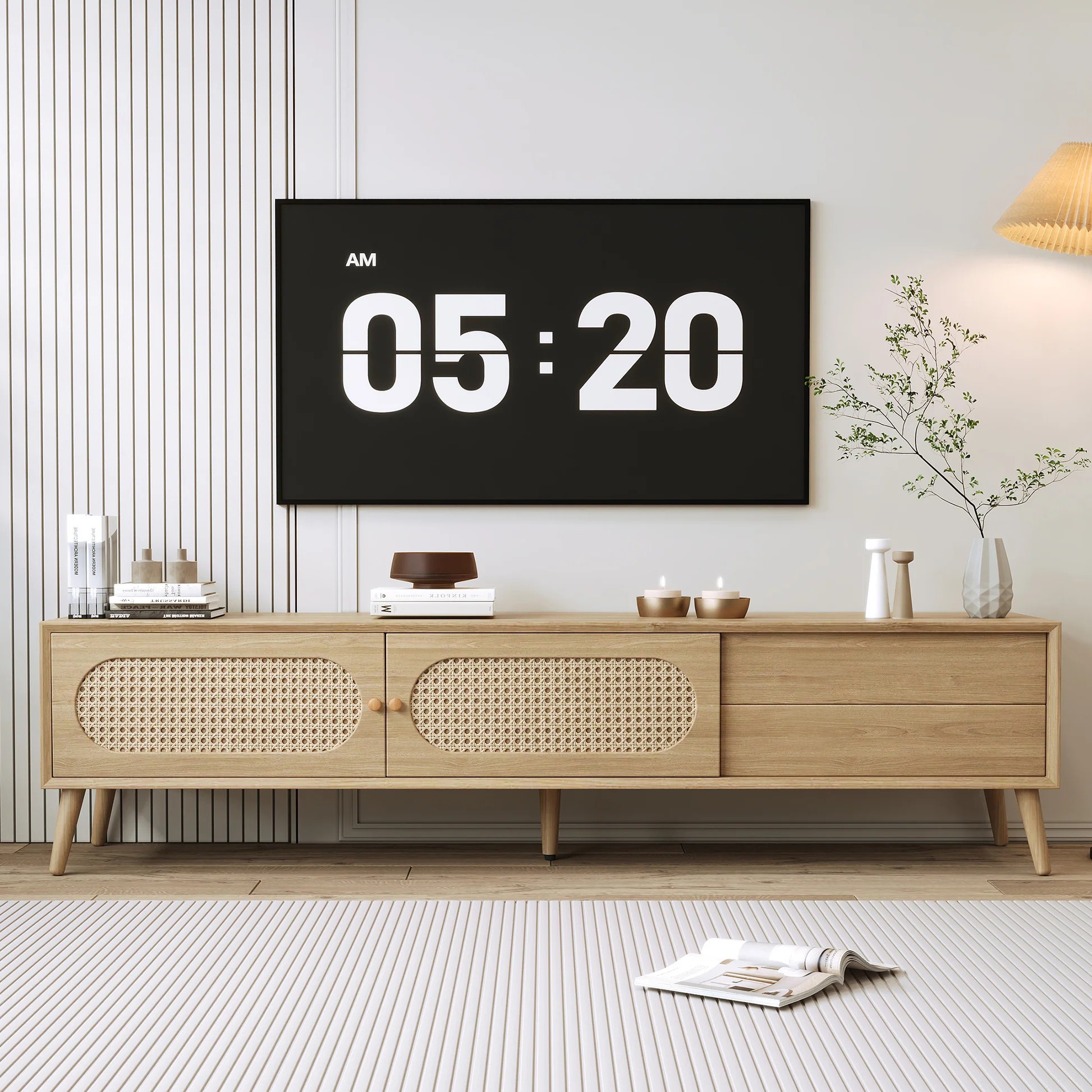 Boho TV Stand for TVs up to 80'' , Modern Farmhouse Media Console, Entertainment Center with Solid Wood Legs, TV Cabinet for Living Room, Home Theatre N710P222775P63956782723074120