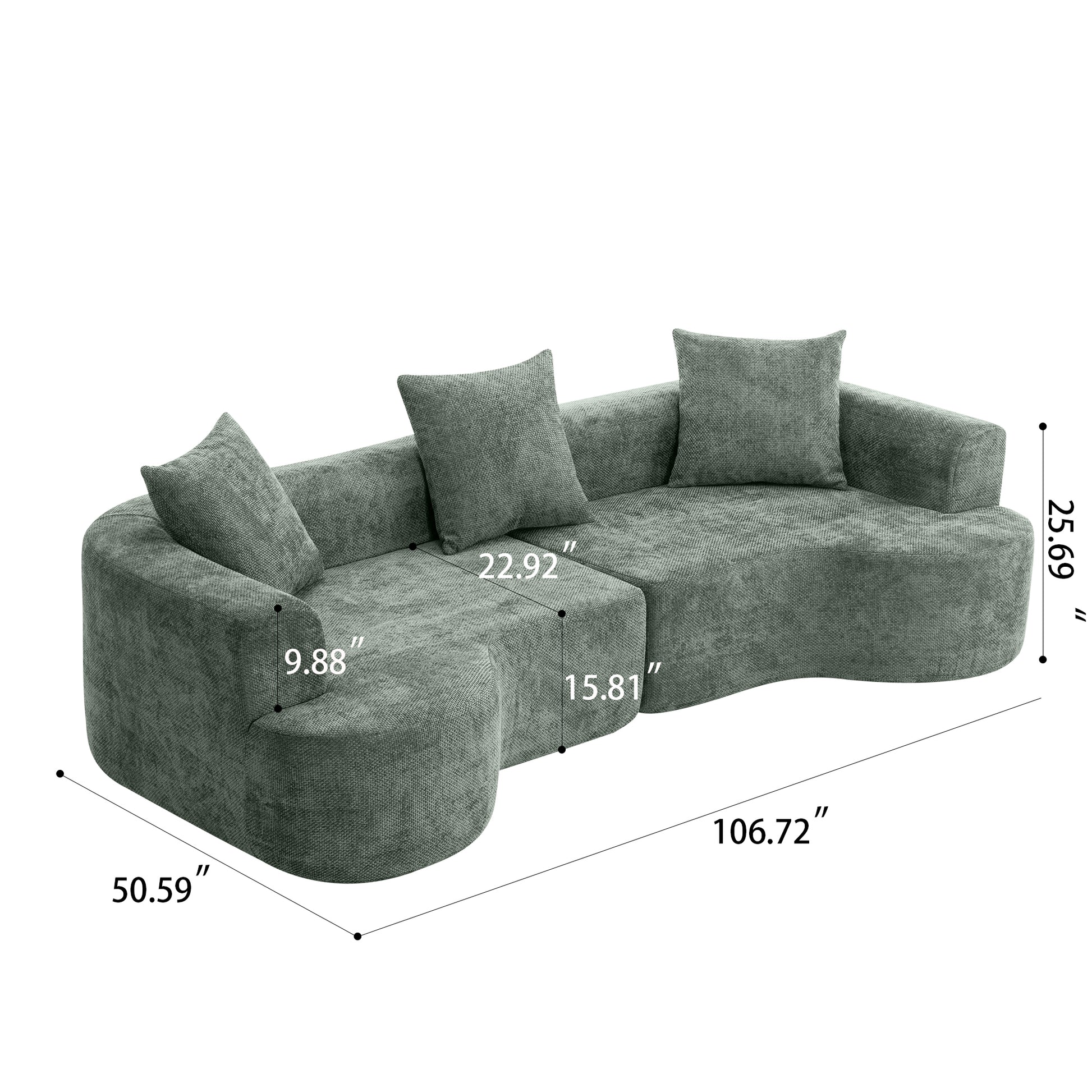Sofá curvo verde de estilo moderno, sofá de terciopelo suave con 3 almohadas, sofá de tela ultra suave blanco lechoso para sala de estar W2012S0000663876421926403122