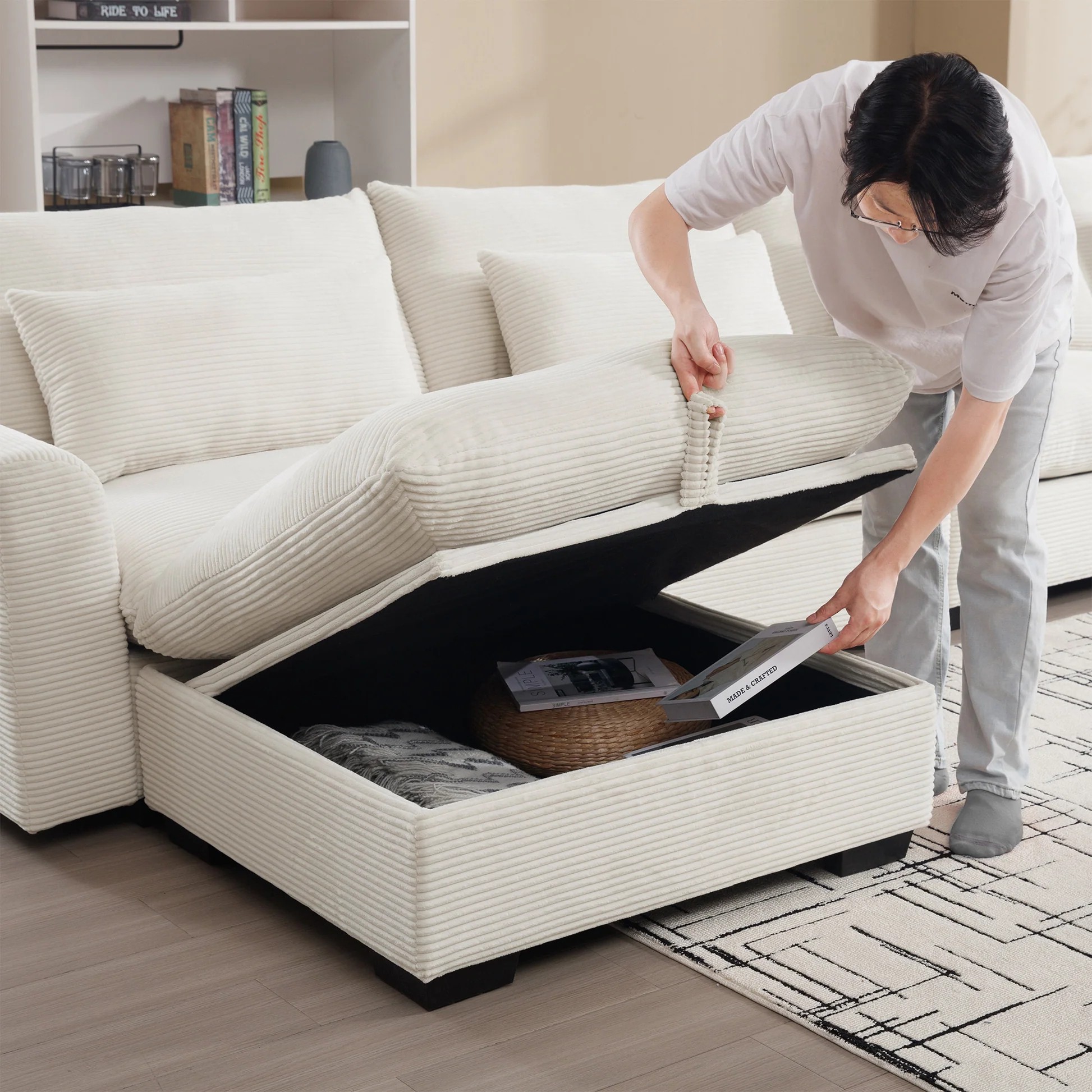 Corduroy Sectional Sofa, L Shaped Couch with Storage Footstool and 3 Pillow, Sectional Couch for Living Room Apartment, Beige W714S0064163886850871939121
