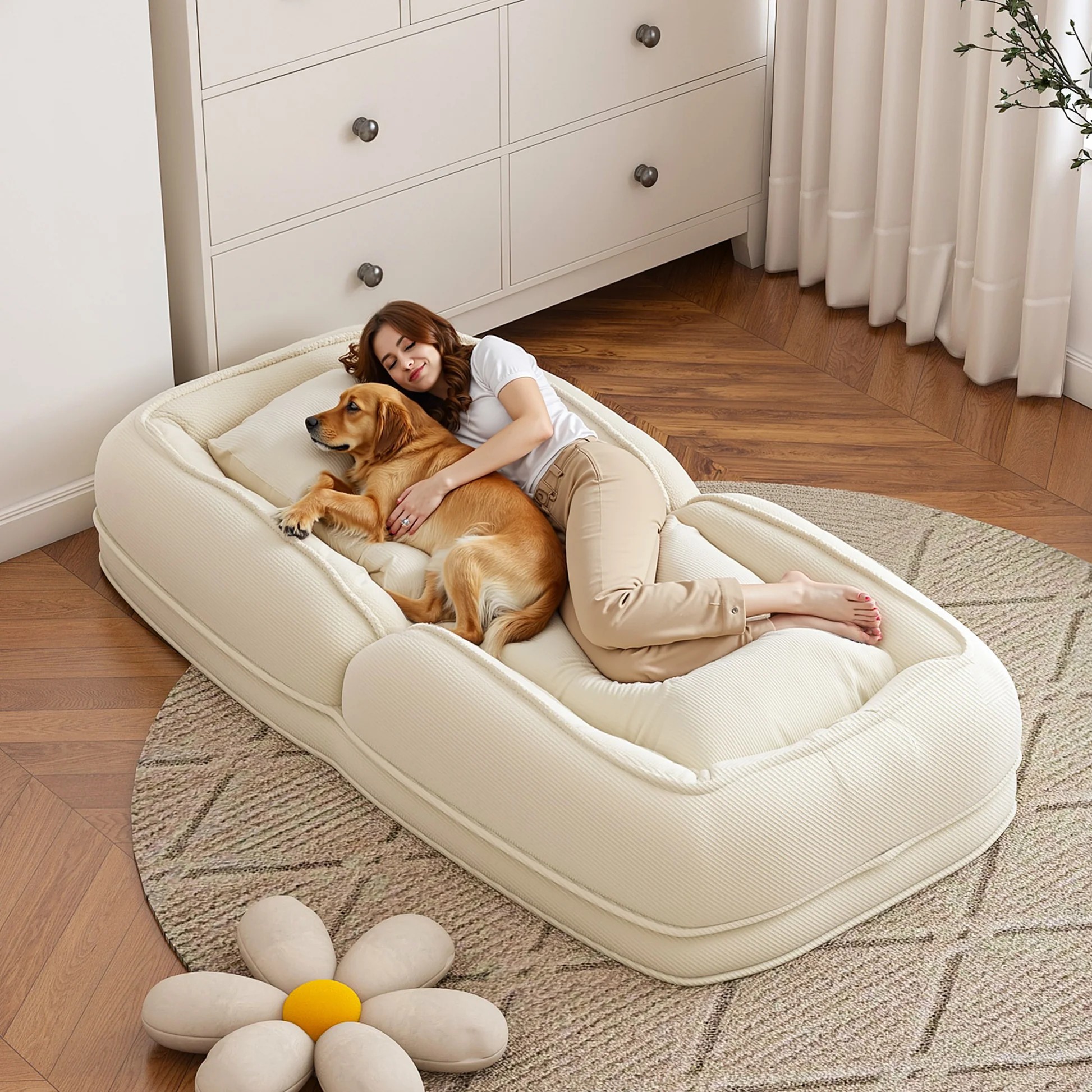 Upholstered Human Dog Bed for Adults and Pets, Foldable Lazy Sofa Bed with 5 Adjustable Positions, Off White Corduroy, 69.29 x 37.40 x 10.24 inches P32422763921092711426122