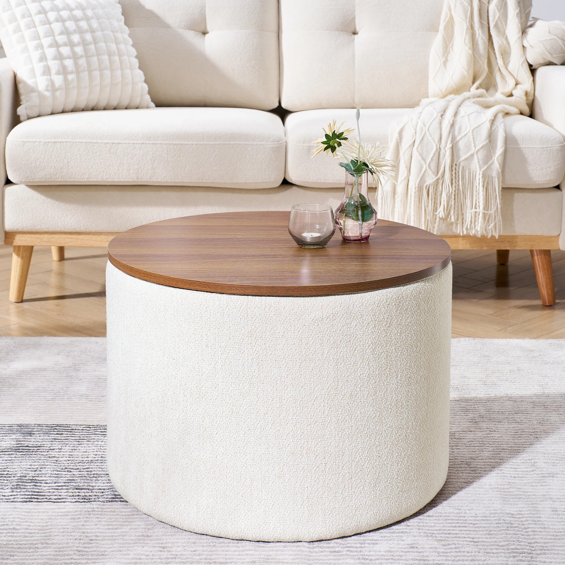 2-Piece Set Round Chenille Storage Ottoman, Equipped with a Drum Shaped Small Stool, Storage Space, and MDF Made Desktop Panel (Beige 23.62'x23.62'x16.53') W487P17960163931679979394121