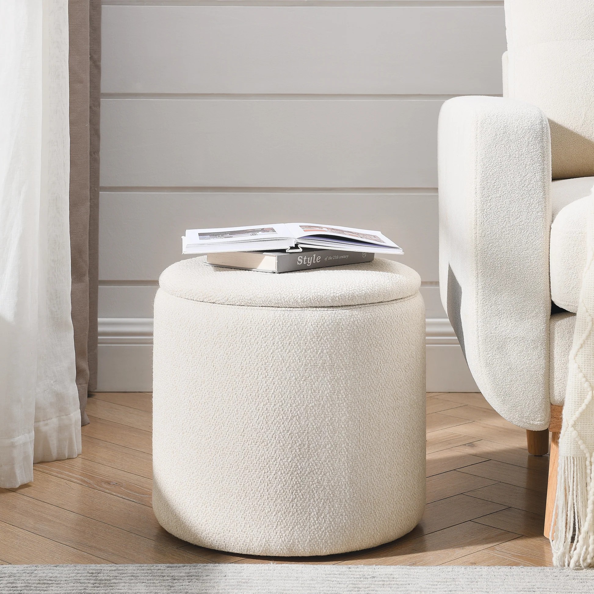 2-Piece Set Round Chenille Storage Ottoman, Equipped with a Drum Shaped Small Stool, Storage Space, and MDF Made Desktop Panel (Beige 23.62'x23.62'x16.53') W487P17960163931679979394122