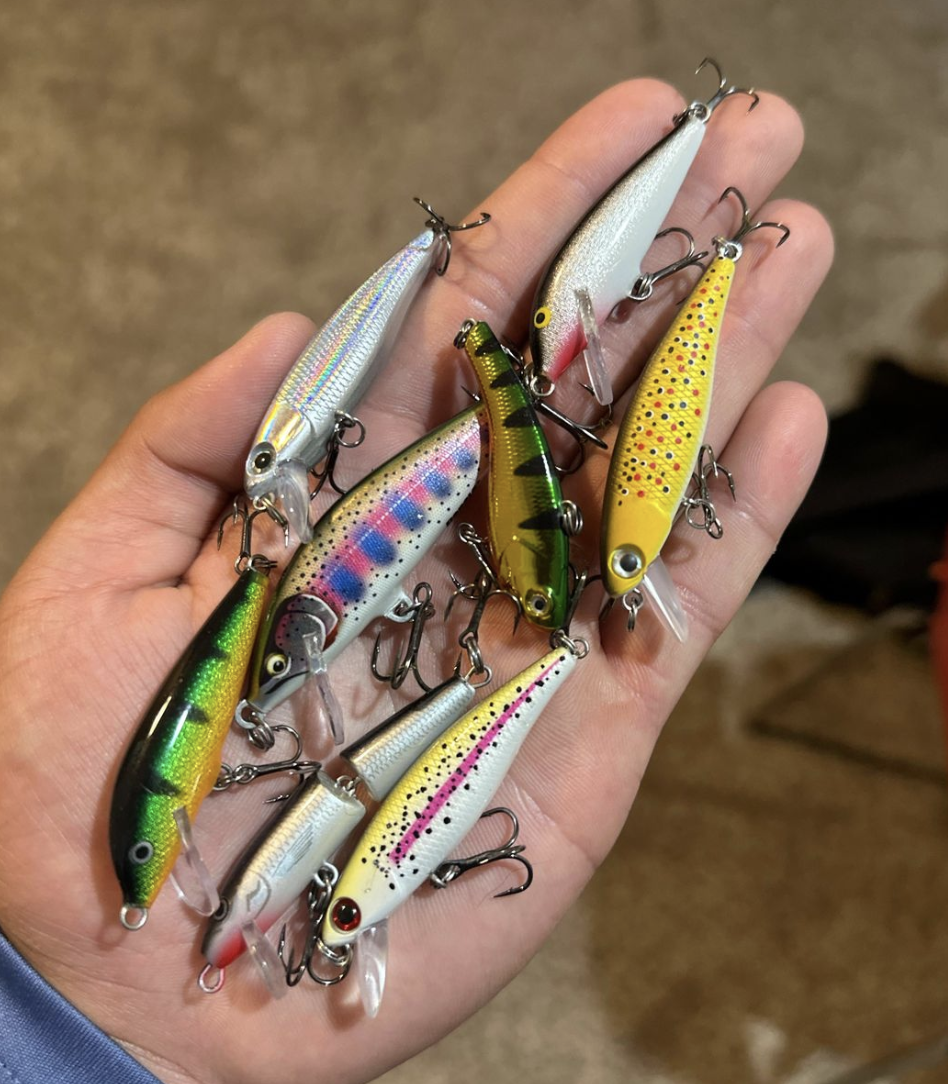 Seven Small Fishing Lures with Treble Hooks for Sale