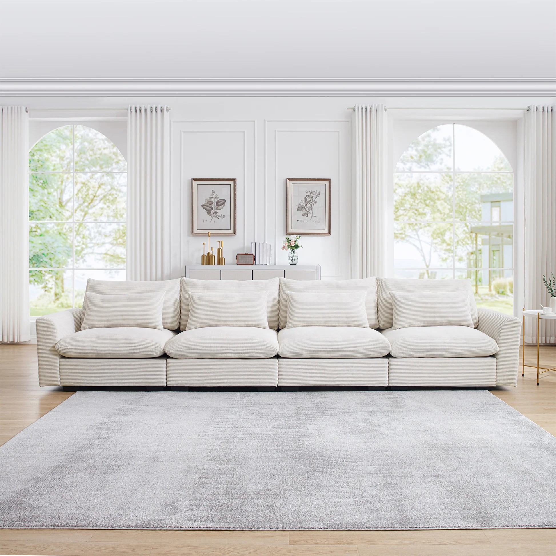 Sofás de 4 plazas con asiento profundo para sala de estar, sofás modernos de color beige aterciopelado cómodos para sala de estar con 4 almohadas lumbares W714S0064263887470701825121